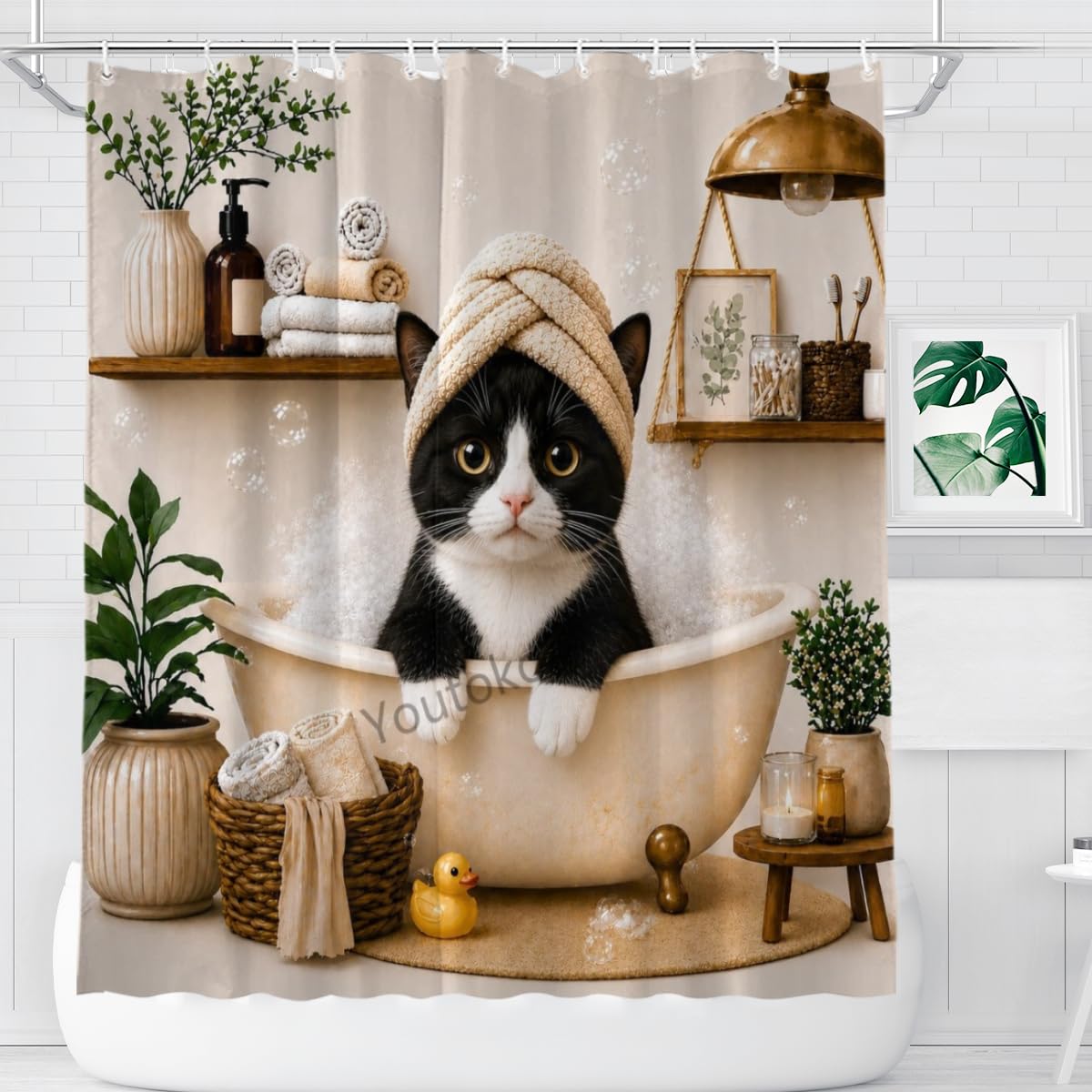 Youtoko Funny Tuxedo Cat Shower Curtain Cute Animal Bubble Bath Bathtub with Bubbles Fabric 72x72 with 12 Hooks Waterproof Washable Polyester Bathroom Decor