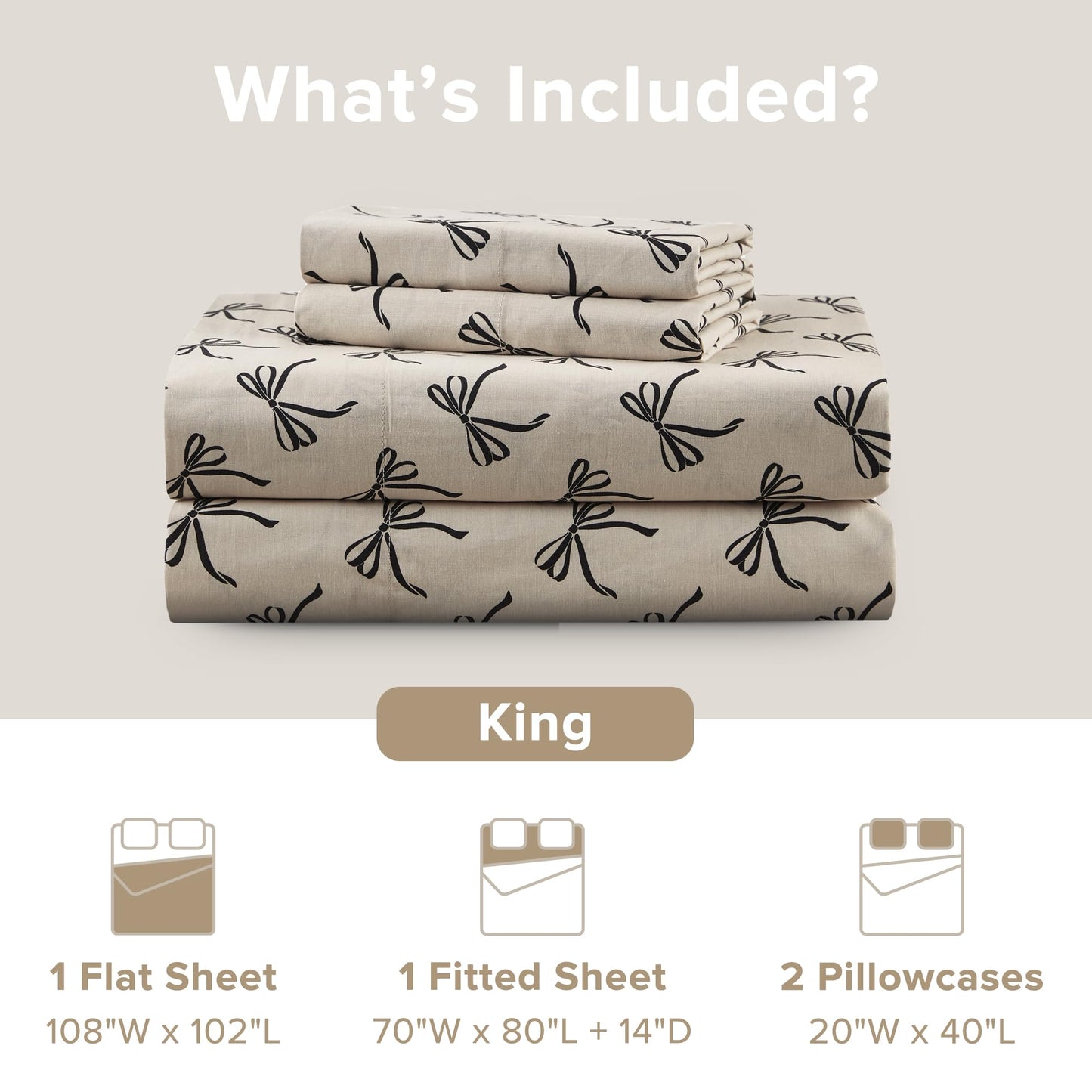 Comfort Spaces 100% Cotton Sheets King, Breathable, Naturally Cool Cotton Sheets, Soft Cotton Bed Sheets with 14" Elastic Pocket Fits up to 16" Mattress, All Seasons Sheet Set, Bow Black/Taupe 4 Piece