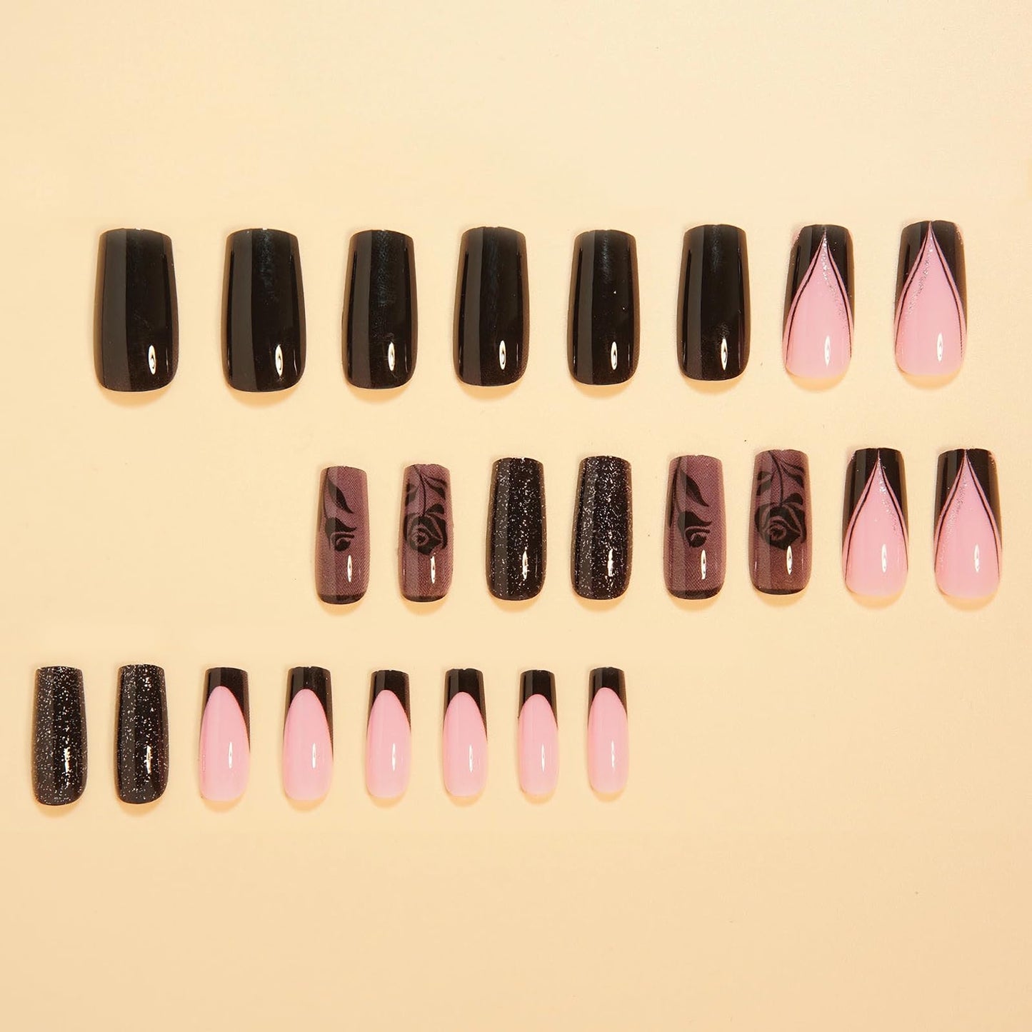 MISUD Press on Nails - Long Square Glue on Nails with Goth Black, Acrylic Gothic Rose Design 24 pcs