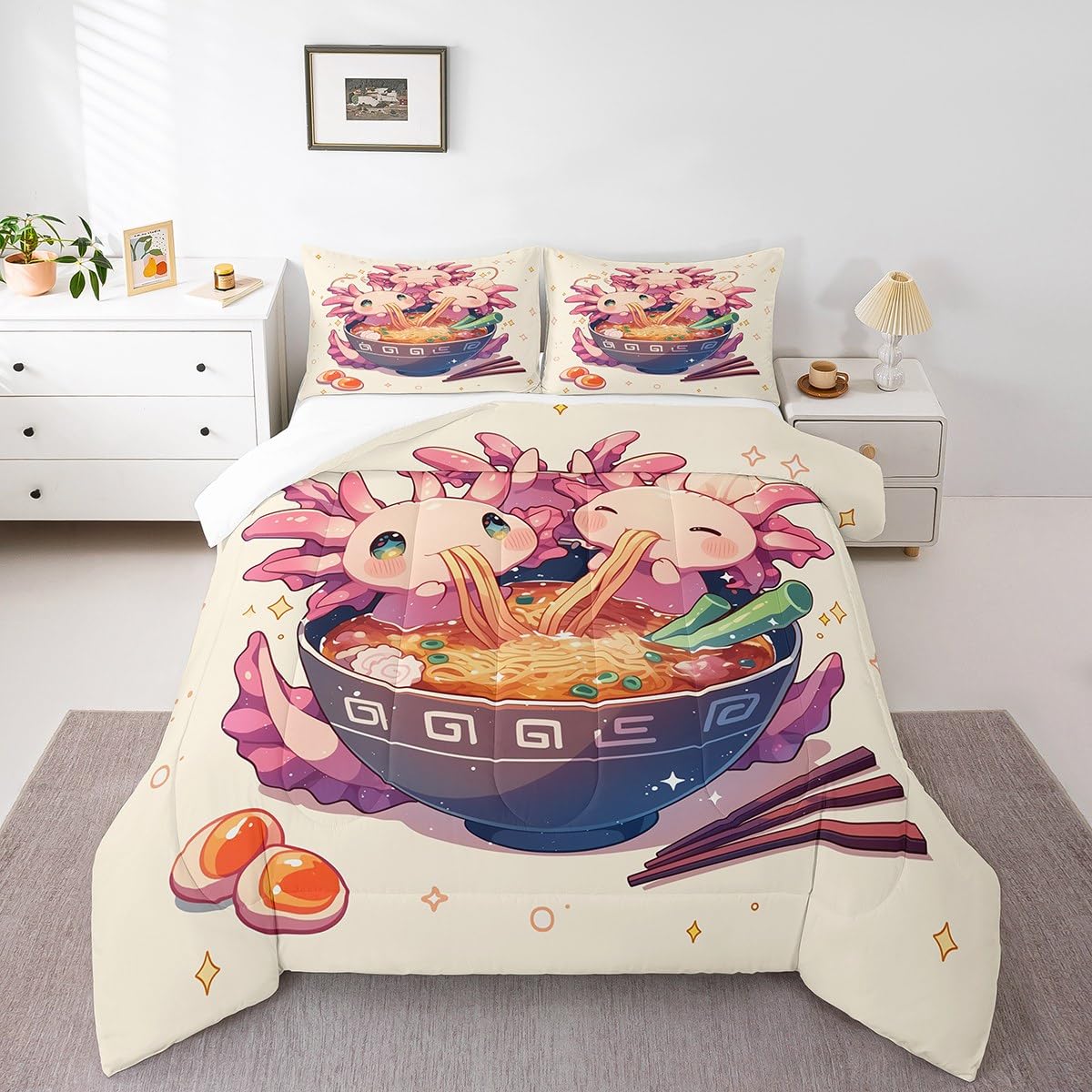 Erosebridal Funny Axolotl Queen Bedding Set,Ramen Noodle Comforter Set Ramen Gifts for Kids Boys Girls,Japanese Food Quilt Bed Set Cute Animal Bedding Comforter Sets with 2 Pillowcases Room Decor