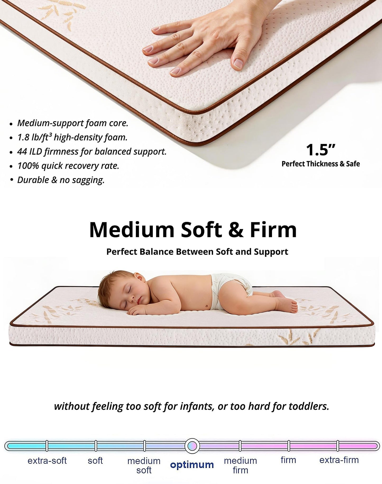 Pack and Play Mattress Pad - 38"x26"x1.5" Thick Playpen Mattress Topper for Graco Pack n Play, Baby Trend, Pamo Babe Playard - Breathable Cooling Bamboo Cover, No Gap 3D Piped Edge, Beige