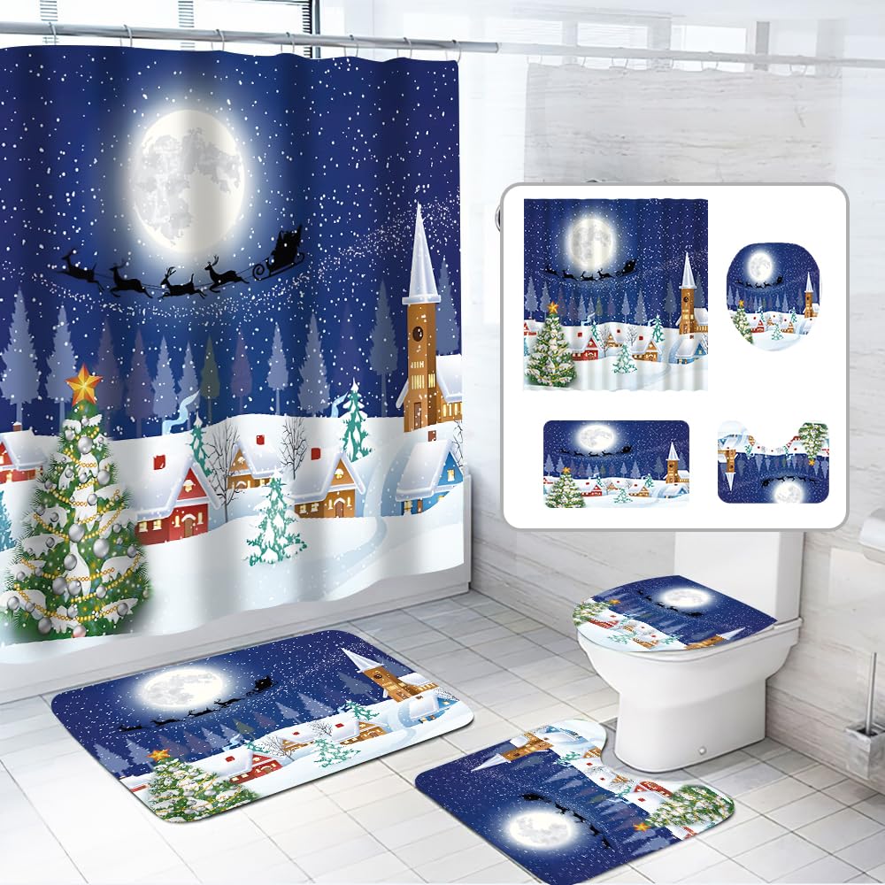 Czrqvyx 4PCS Christmas Holiday Winter Snowman Xmas Tree Santa Shower Curtain Blue Fabric Pine Moon Stars Snow Shower Curtain Christmas Bathroom Decor Curtain, 72Wx72H