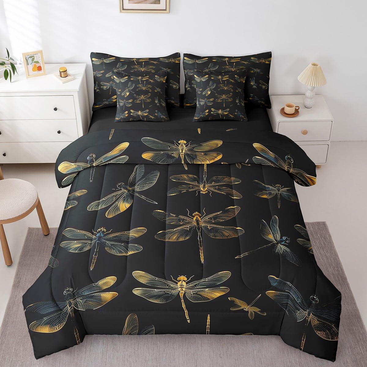 Erosebridal Ombre Dragonflies Bed in a Bag,Gradient Dragonfly Comforter Set Queen,Flying Insects Wildlife Animal Bedding Set 7Pcs
