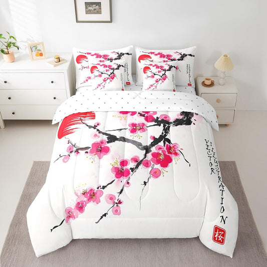Erosebridal 7 Piece Japanese-Style Bed in a Bag Full for Adult Women Cherry Blossoms Sheet Set Ukiyo-E Theme Bedding with Comforter Girls Boys Teens Nature Flowers Cushion Covers