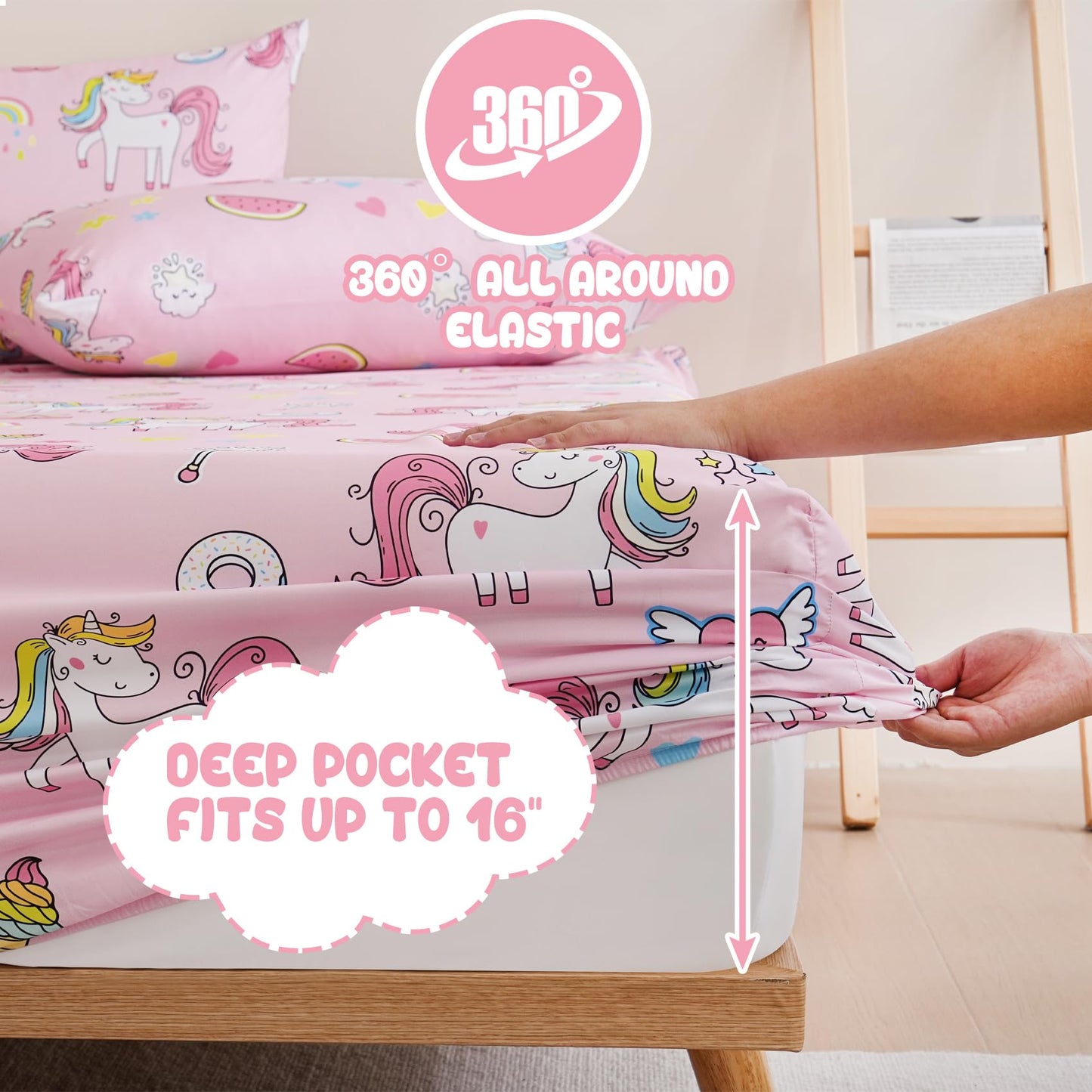 Yibeizi Pink Unicorn Sheet Set for Girls Twin, Kids Rainbow Sweet Print Bedsheets Microfiber Deep Pocket Cute Patterned Bed Sheet & Pillowcase Sets 3 Pieces