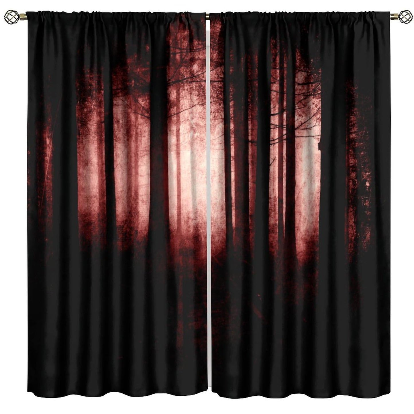 SHElifestyle Gothic Dark Red Forest Curtains, Haunted Creepy Landscape Misty Forest Window Treatments Spooky Horror Halloween Forest Window Drapes for Bedroom Living Room W42 X L45