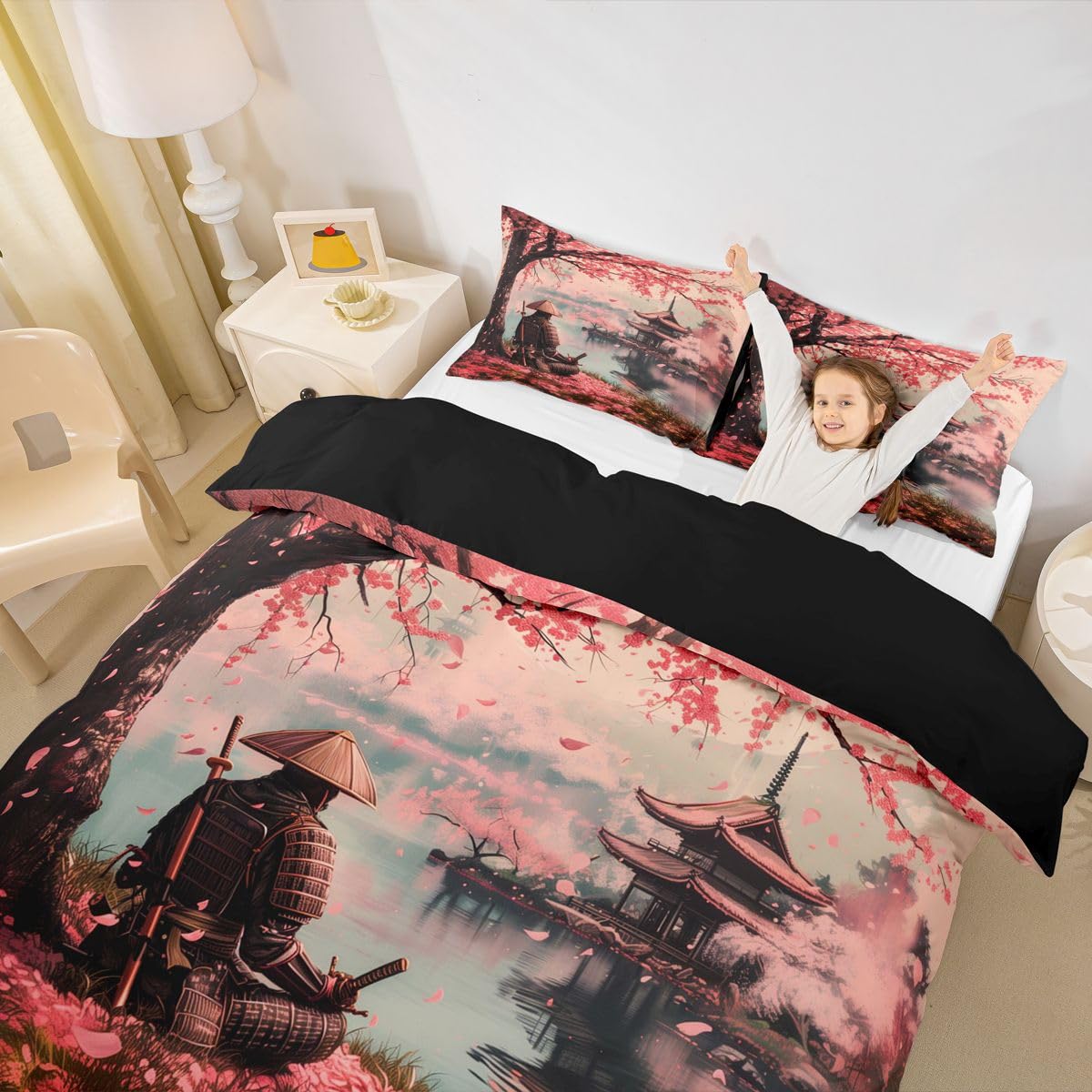 jejeloiu Samurai Duvet Cover Full Size Japan Style Comforter Cover for Boys Girls Cherry Blossoms Bedding Set 3Pcs Japanese Ukiyoe Room Decor