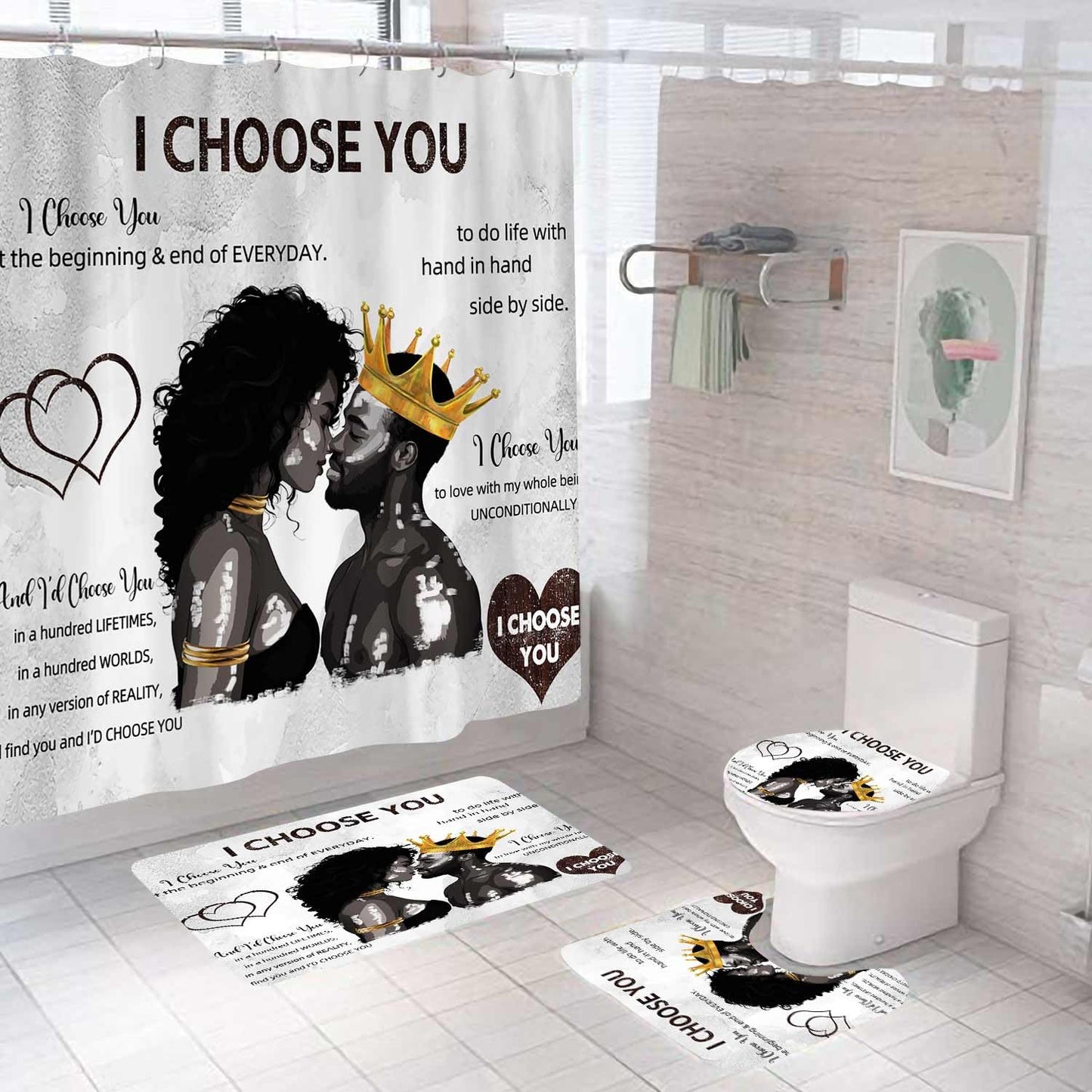 OLEBETY 4PCS African American Shower Curtain Sets with Rugs, Waterproof Fabric Grey Shower Curtain, Black Women Men King Romantic Quotes Anniversary Afro Lovers Couple Bathroom Decor, I Choose You