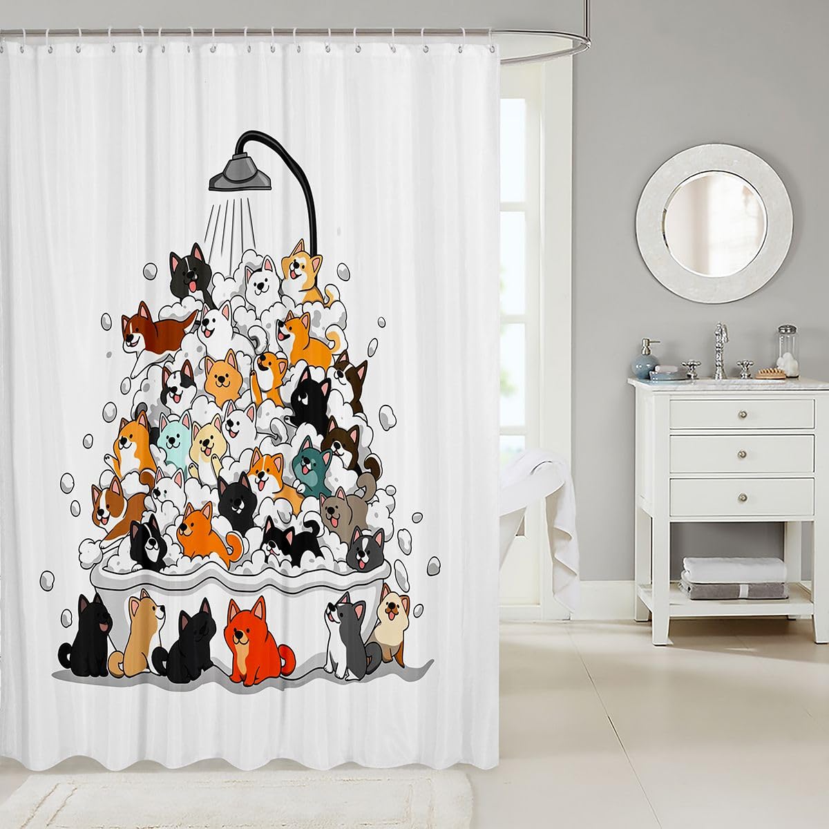 Feelyou Cute Dogs Shower Curtains Lovely Funny Hilarious Bathroom Curtain for Kids Women Men Cartoon Animals Bathroom Accessories Waterproof Polyester Fabric for Stalls Bathtubs 72"x72"