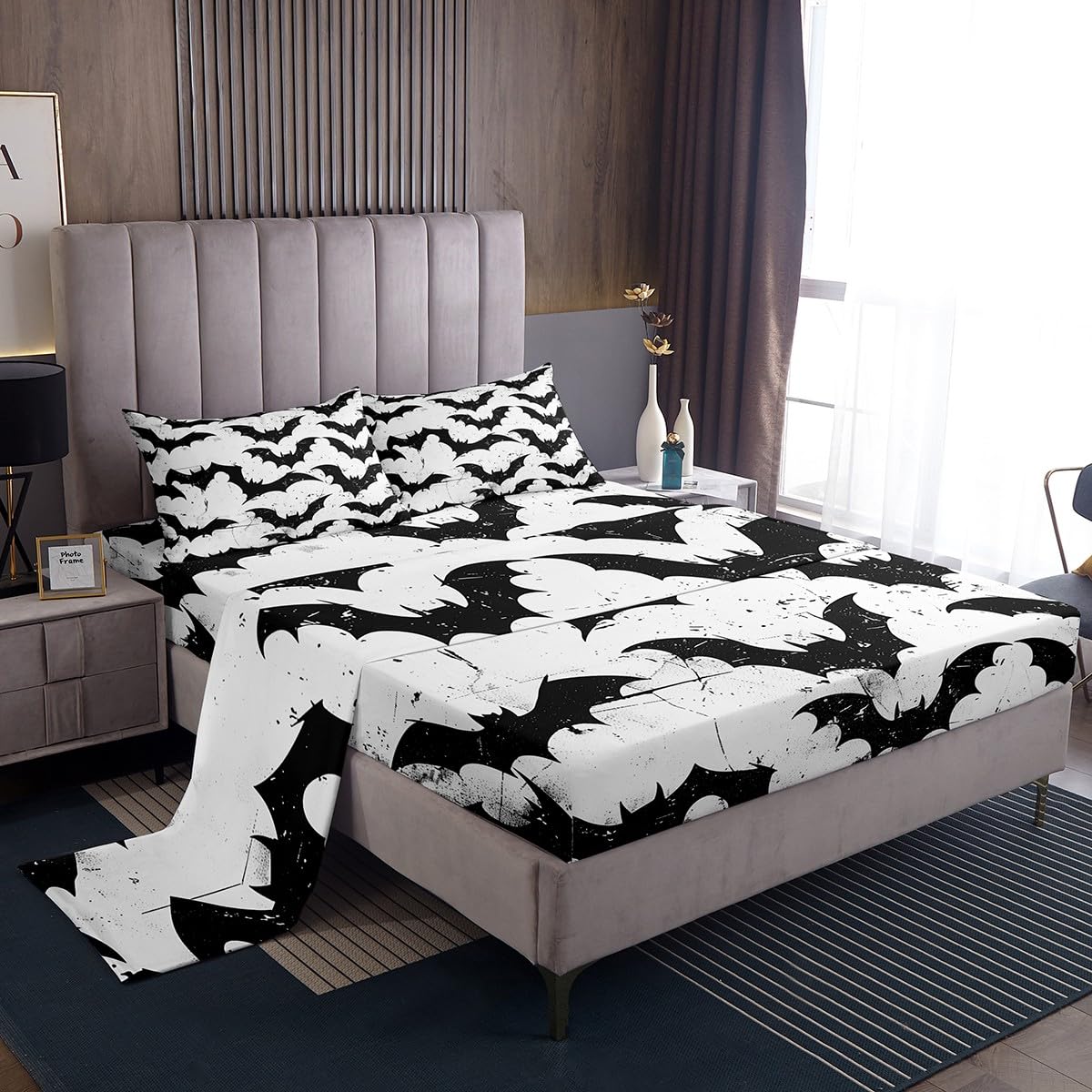 jejeloiu Halloween Decor Bed Sheets Set Twin Size Black Bats Bed Set for Kids Boys Girls Spooky Halloween Pattern Deep Pocket Fitted Sheet Animal Print Breathable Soft Lightweight Microfiber