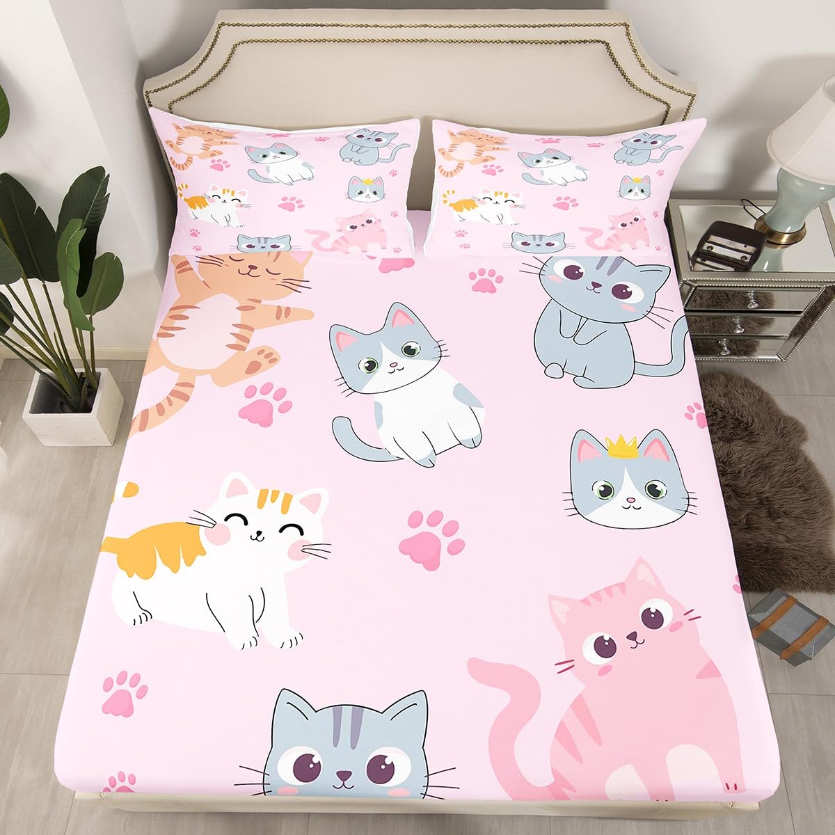Erosebridal Kawaii King Size Sheets Cute Kids Girls Bed Set - Colorful Cat Print Fitted Sheet Set, Deep Pocket, Soft, Breathable Flat Sheet, 4 Pcs