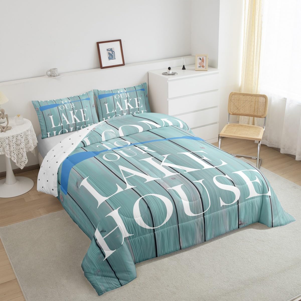 Lake House Comforter Set Queen Size, Rustic Cabin Farmhouse Style Bedding Set 3pcs, Retro Wooden Plank Lake Theme Down Comforter for All Season, Kids Boys Girls Room Decor, 2 Pillowcases, No Sheets