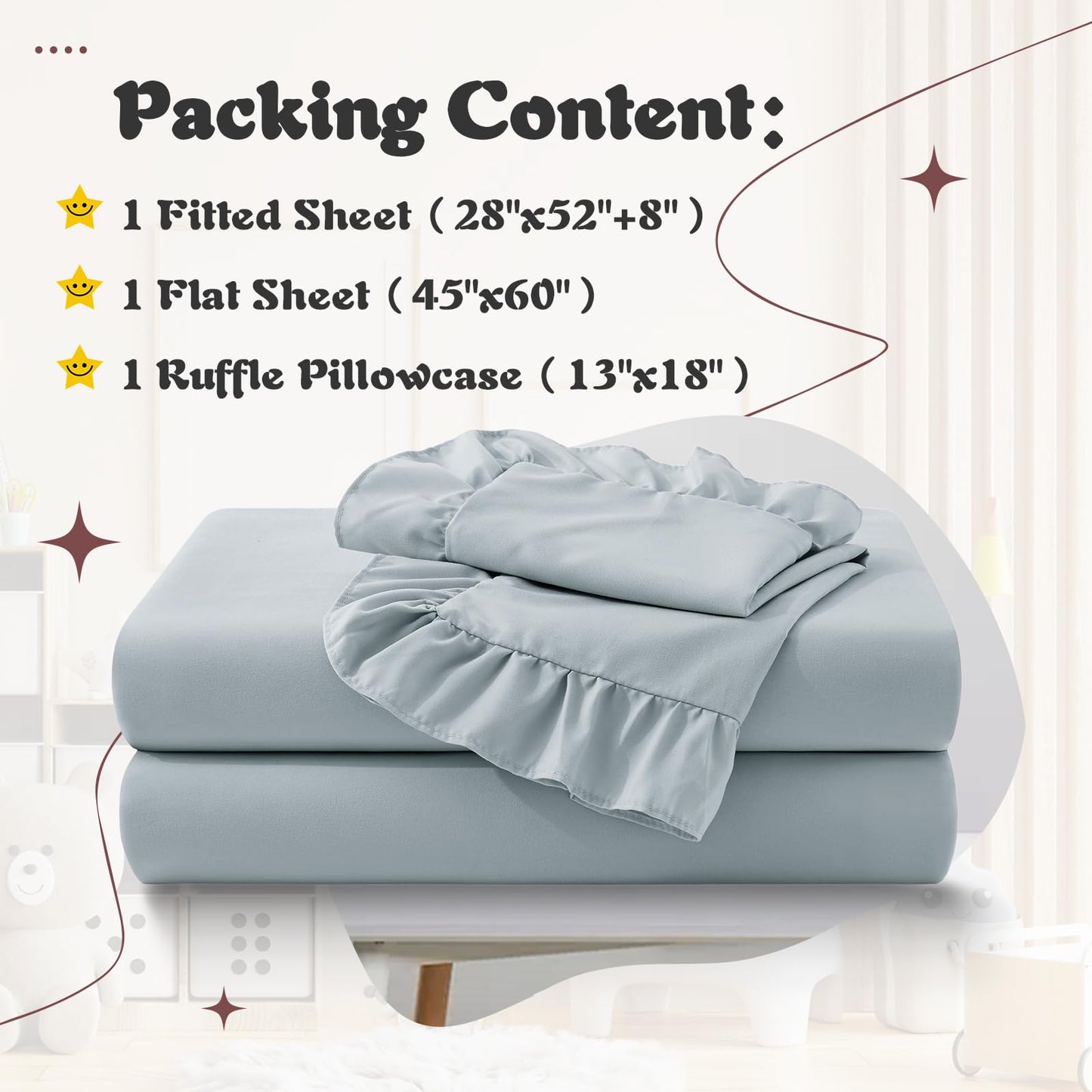 KKJIAF 3 Piece Toddler Sheet Set Microfiber, Includes a Flat Sheet, a Fitted Sheet and a Ruffle Pillowcase, Dusty Blue