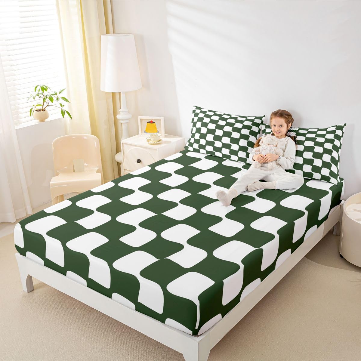jejeloiu Checkered Grid Fitted Sheet Full Size for Kids Boys Girls Buffalo Plaid Bed Sheets Set 16" Deep Pocket Soft Breathable Microfiber Green White Bedding with 2 Pillowcases Geometric Room Decor