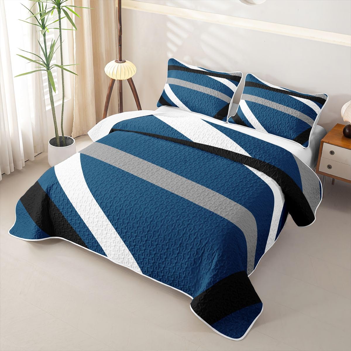Erosebridal Blue Gray Black Striped Quilt Twin Modern Abstract Quilt Set Geometric Lines Coverlet Aesthetic Boho Quilted Bedspread with 1 Pillowcase