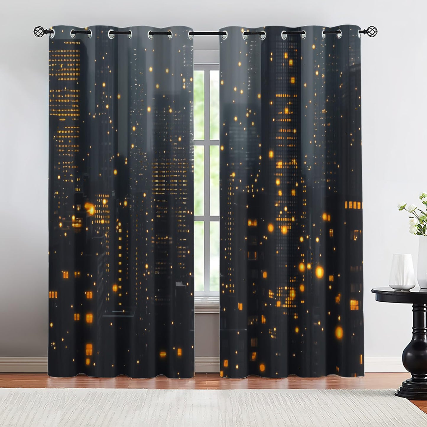 XAFIAUR Cityscape at Night Blackout Curtains, City Buildings Printed Drapes, Orange Lights Thermal Insulated Drapes 2 Panels Darkening Window Curtain for Bedroom Living Room 31.5" W x 45" L x2