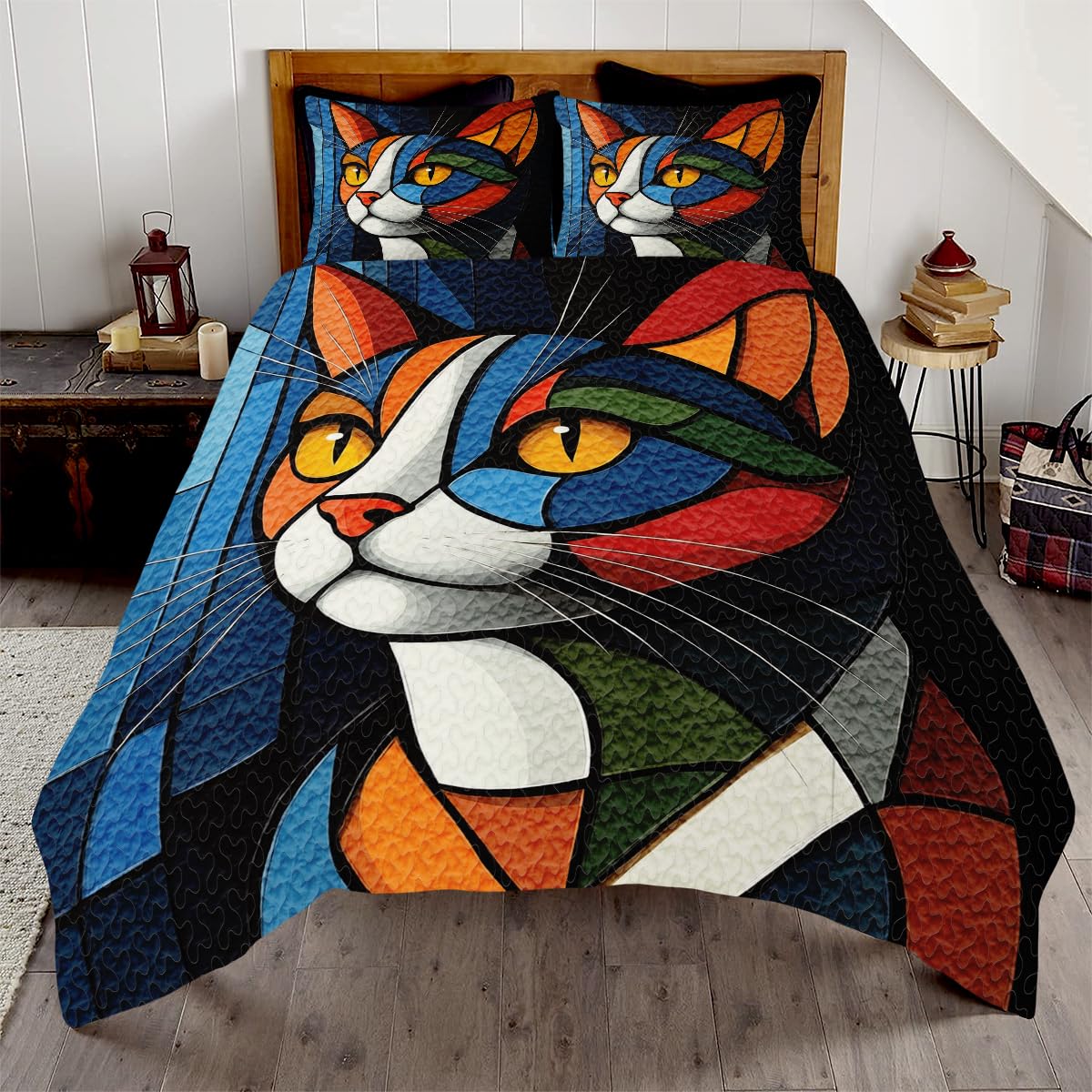 LUSHIS Patchwork Quilt Set, Patchwork Throw Bedspread Bed Sets - Animals Coverlet Sets All Season Soft Microfiber Lightweight Bedding Set (Cat)
