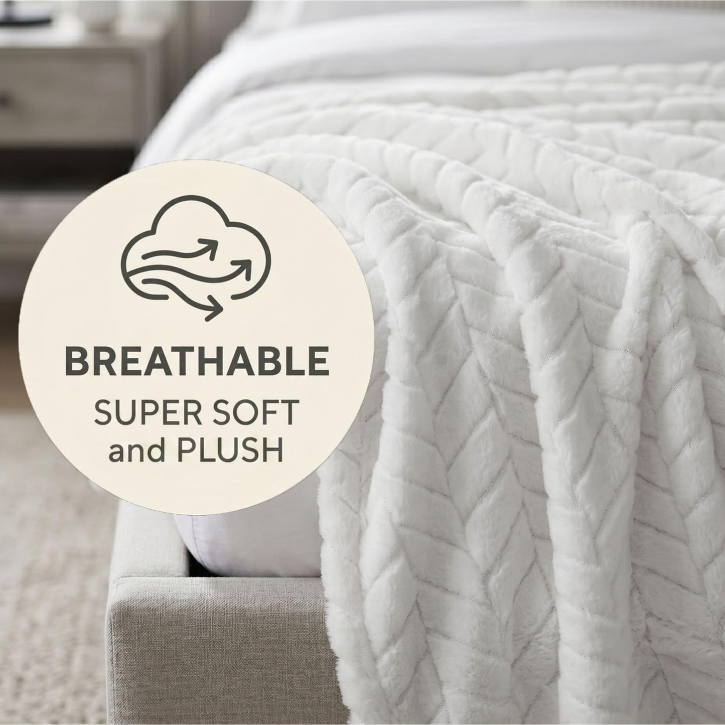Superior Hope Herringbone Fluffy Fleece Blanket, Soft Plush Embossed Chevron Throw for Couch, Bed and Living Room Decor, Bedroom Essentials, Cozy Lightweight All Season Cover, King Size, White