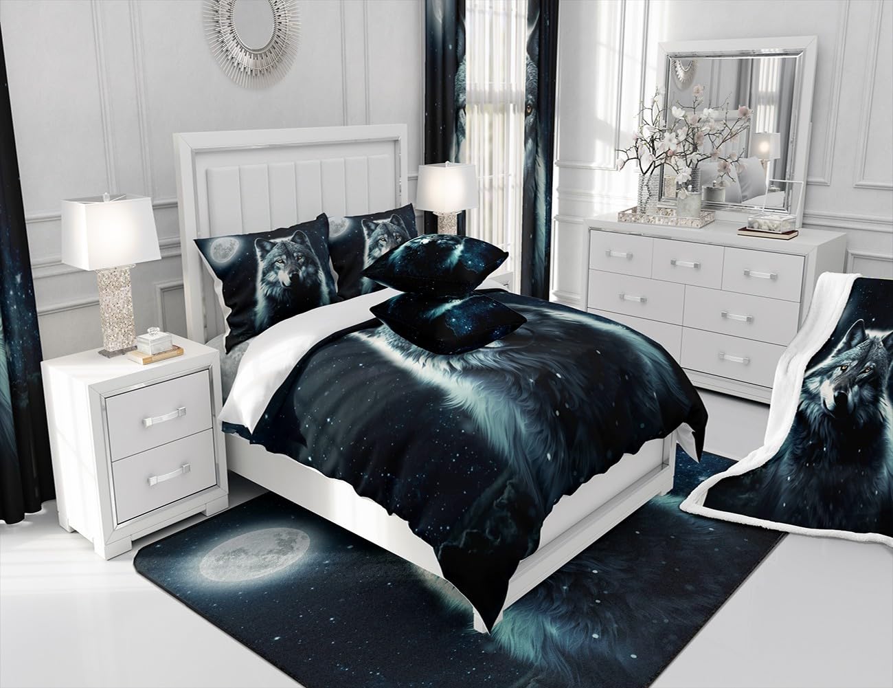 Manfei Galaxy Wolf Comforter Set Twin Size, Wild Animal Theme Quilt Set with 1 Pillowcase, Blue Starry Sky Moon Bedding Set 2pcs for Kids Boys Teens Room Decor Lightweight Duvet Insert