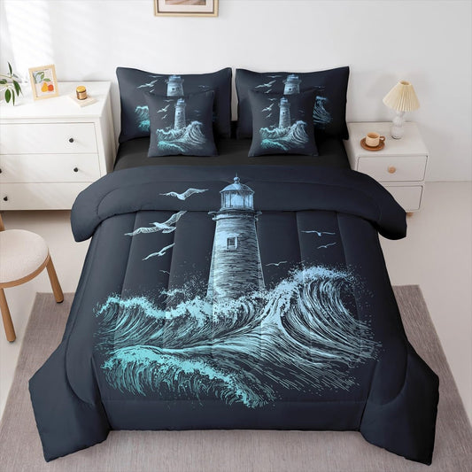 Erosebridal Boys Nautical Comforter Set Men Lighthouse Bed in A Bag King Size 7 Pieces Ocean Wave Bed Set Surfing Coastal Bedding