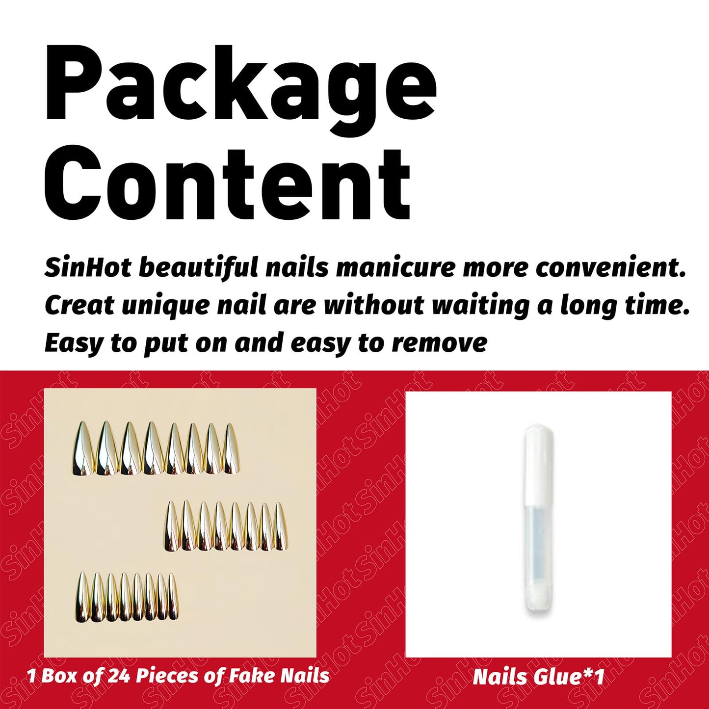 SINHOT Stiletto Press on Nails Long - Long Fake Nails, Glossy Finish, Gold Metallic & Chrome, DIY Artificial False Nail Art - 24 Pcs Nail Kit with Glue