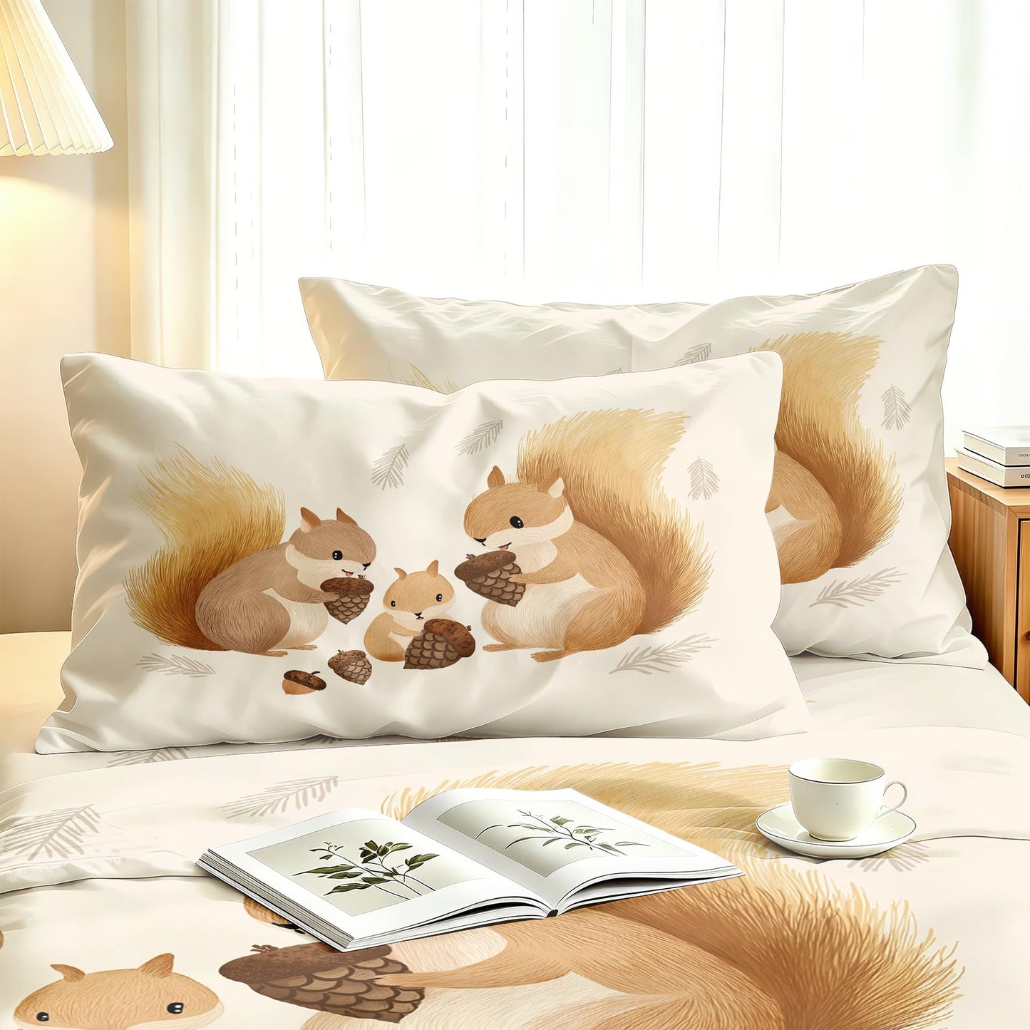 Squirrel Twin Bedding Set Cute Animal Sheet Sets, Beige Brown