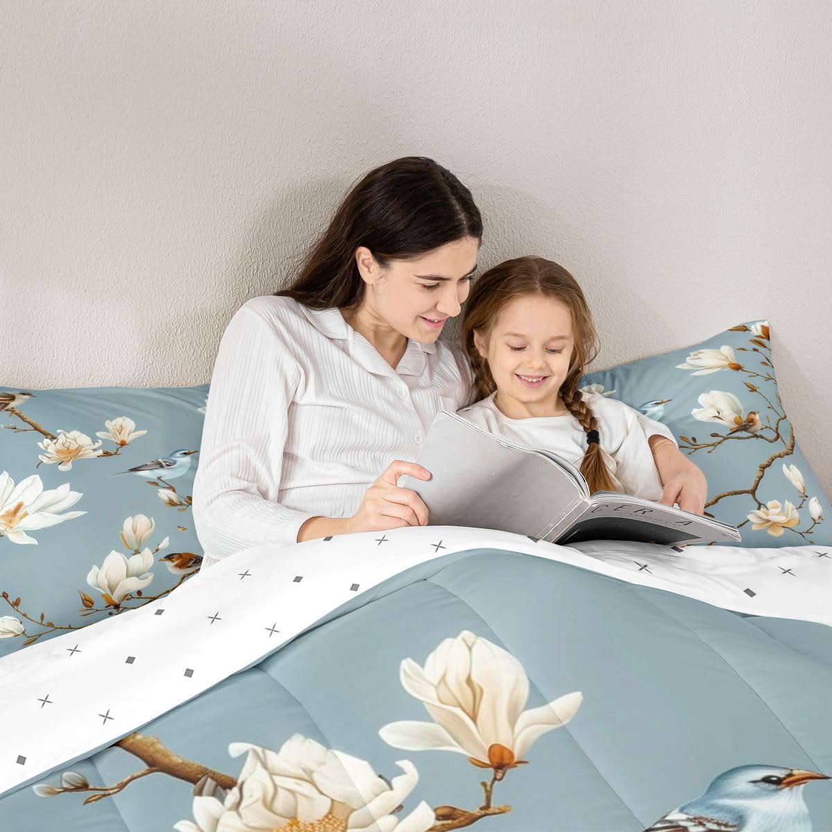 jejeloiu White Magnolia Tree Comforter Set Toddler Size Flower Floral Bedding Set for Kids Boys Girls Bird Duvet Quilt Bedroom Decor Microfiber 2 Pcs with 1 Pillow Cases