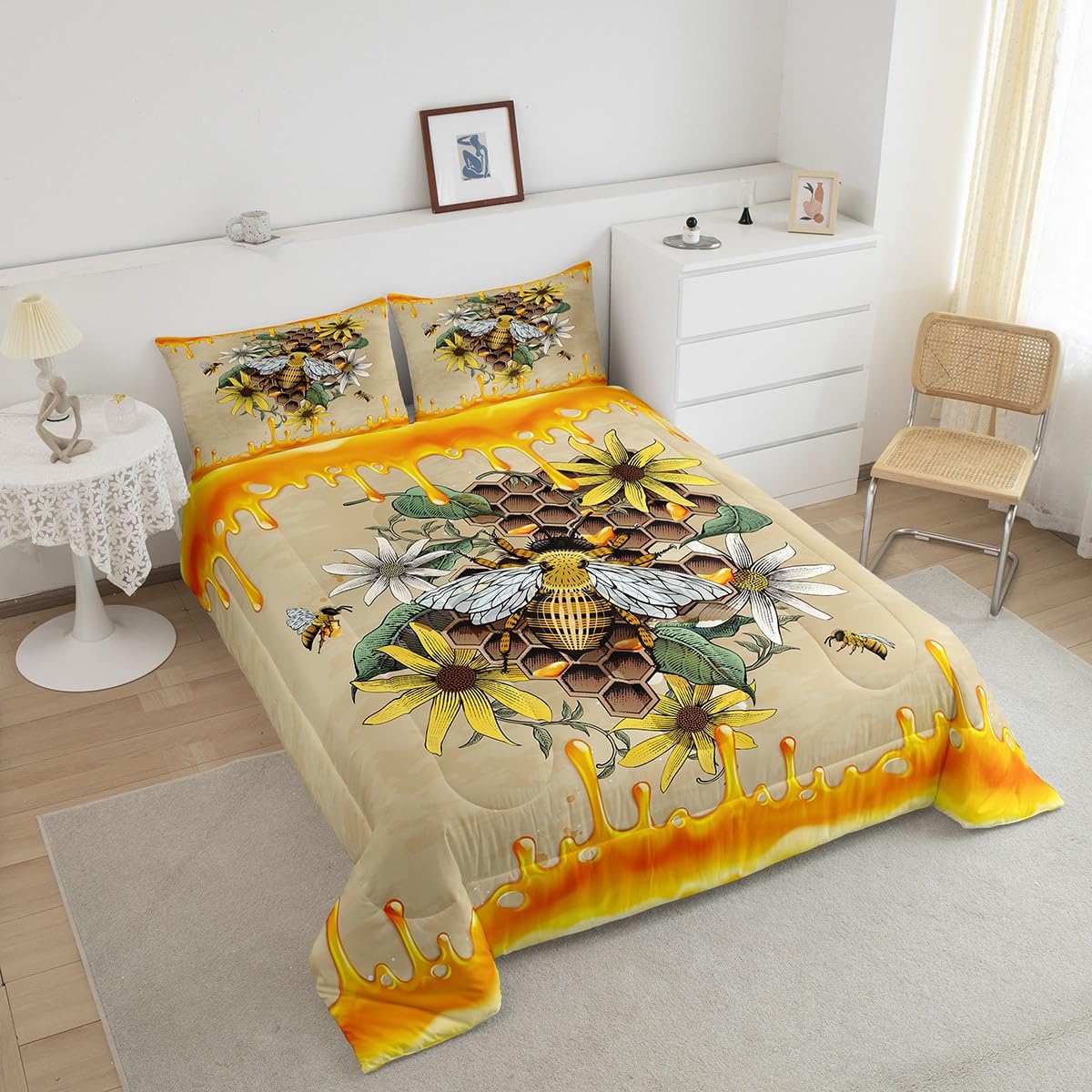 Homewish 3D Bee Pattern Comforter Set,Geometric Honeycomb Bedding Set for Kids Girls Women,Adults Daisy Comforter,Yellow White Quilted Duvet Set Bedroom Collection Twin Size 2Pcs