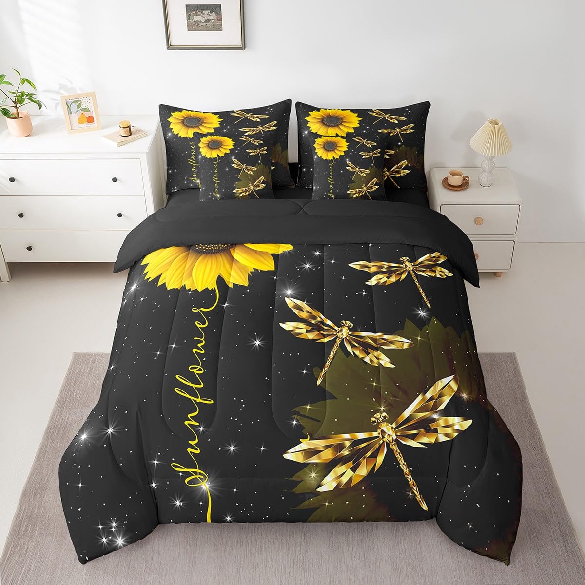 Erosebridal Sunflower 7 Piece Comforter Set Full Bed in a Bag,Gold Dragonfly Bedding Sets Glitter Starry Sky Galaxy Comforter and Sheet Set,Sunny Flower Rustic Aesthetic Animal Room Decor