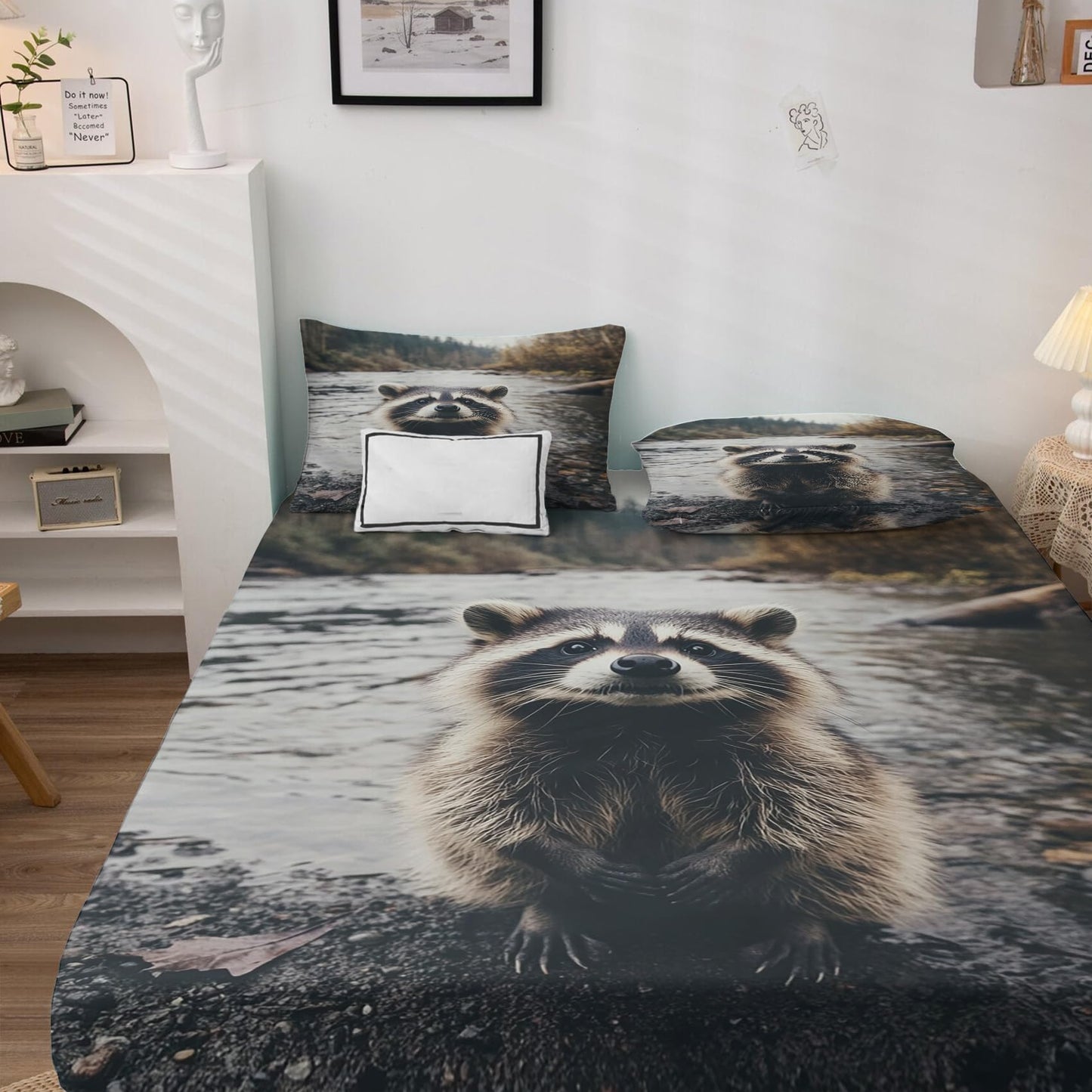 NOGAWA Raccoon Sheets Queen, Cute Wild Animal Bed Sheets, Deep Pocket & Soft Microfiber Bedding Sheets & Pillowcases 4 Piece - Fitted Sheet & Flat Sheet & 2 Pillow Cases