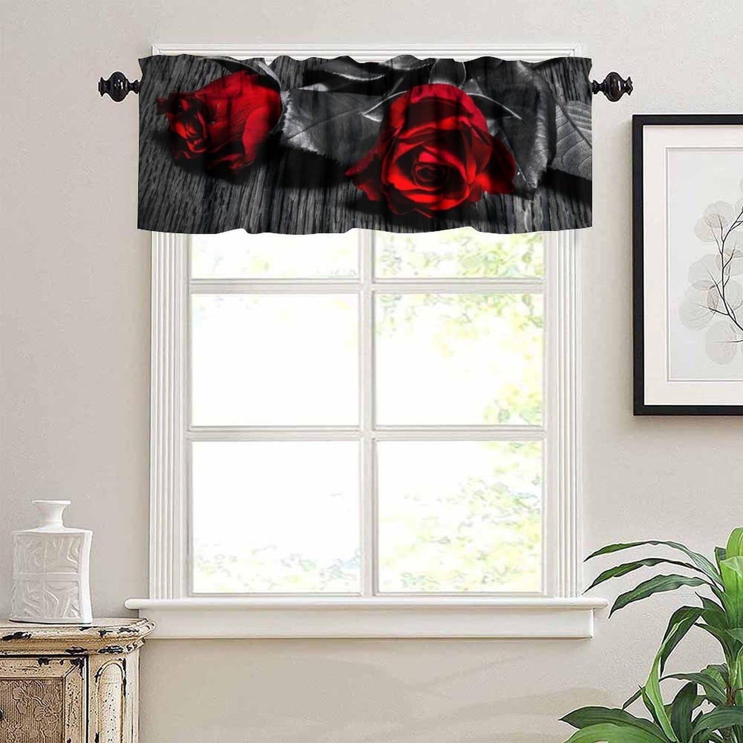 AAVEUP Rose Valance Curtain Romantic Retro Country Style Black and White Elegant Art Red Rose Valances Window Treatment for Kitchen Girls Bedroom Living Room 54x18In