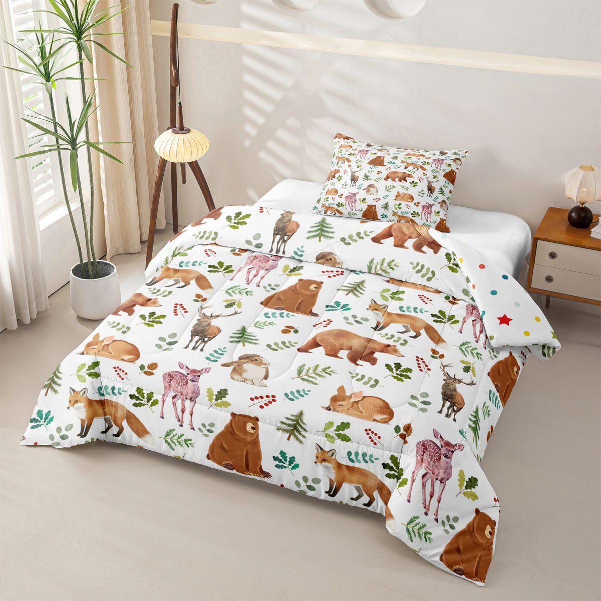 Erosebridal Woodland Forest Animals Twin Bedding Sets for Boys Girls, Cartoon Animal Print Comforter Set for Kids Teen, Cute Bear Deer Fox Rabbit Bed Set, Wildlife Theme Room Decor (1 Pillowcase)
