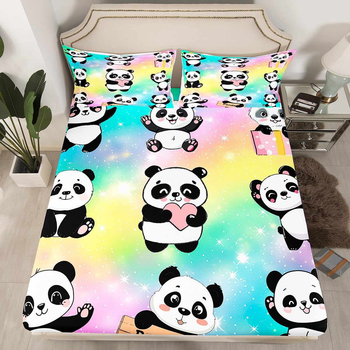 Erosebridal Girls Rainbow Sheets Kids Panda Bed Sheets Sparkle Stars Queen Sheet Set Pastel Glitter Top Sheet Super Cozy Lightweight Sheet & Pillowcase Sets 4 Piece with 2 Pillow Sham