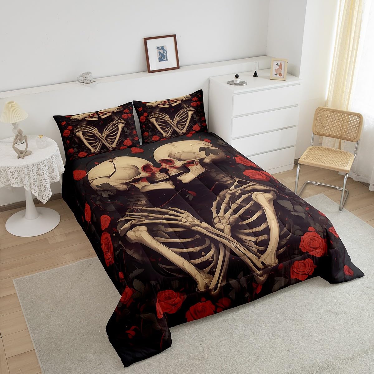 Erosebridal Sugar Skull Down Comforter Queen Size, Gothic Skeleton Bones Comforter Set, Halloween Horror Bedding Set, Rose Flower Quilt for Teens Youth Adult Women Men Room