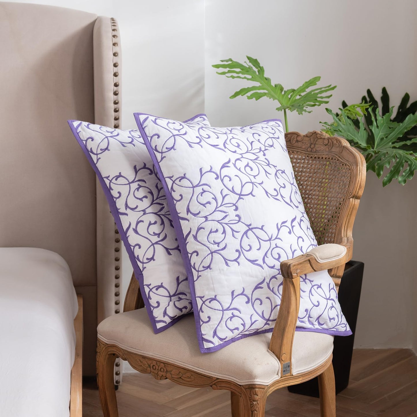 mixinni 2-Piece King Size Soft Cotton Purple Quilted Embroidery Floral Pattern Pillow Shams-20" x 36"