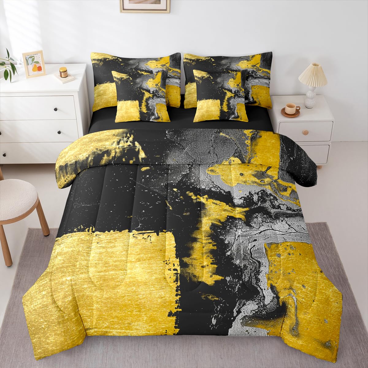 Feelyou Abstract Comforter Set with Sheets 7 Piece King Size Modern Abstract Art Bedding Set for Kids Boys Girls Luxury Bed in a Bag Geometric Room Decor Yellow Black Soft Lightweight Microfiber