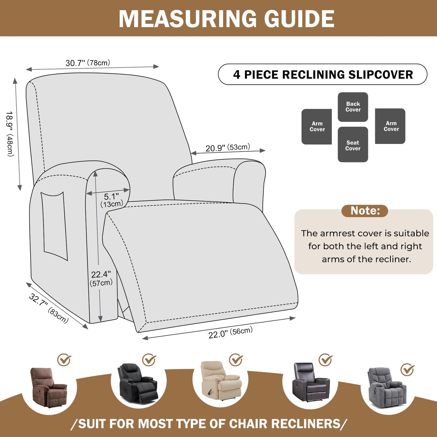 vctops Rustic Linen Look Recliner Chair Covers Washable, 4 Pieces Soft Chenille Recliner Cover, Anti Slip Stretch Couch Cover Sofa Slipcovers Furniture Protector for Dog,Kids (Coffee,1 Seater)