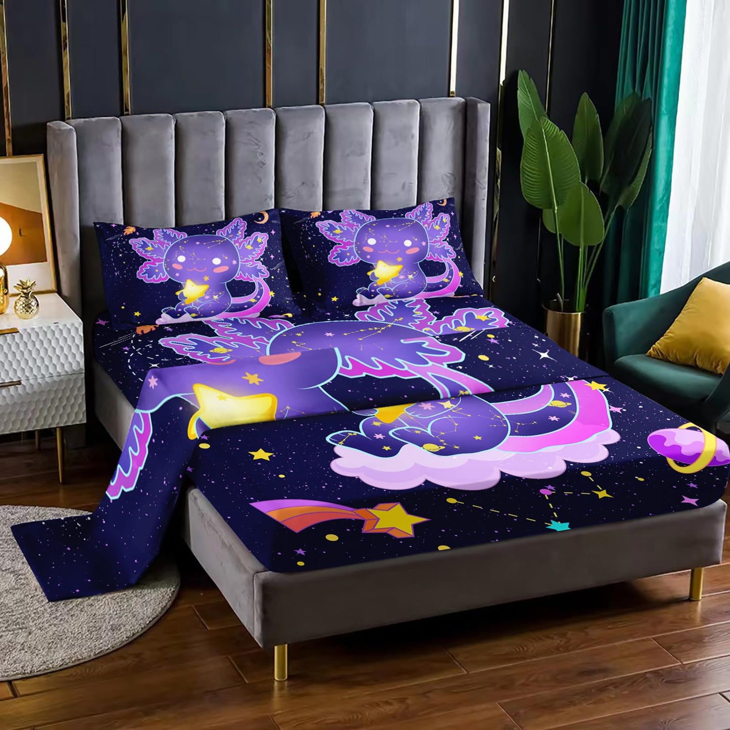 Nttopship Cute Axolotl Bedding Set Queen Size,Violet Axolotl Theme Fitted Sheet 4pcs with 16" Deep Pocket, Kawaii Animals Cartoon Sheet Set for Kids Boys Room Decor(Fitted + Flat + 2 Pillowcases)