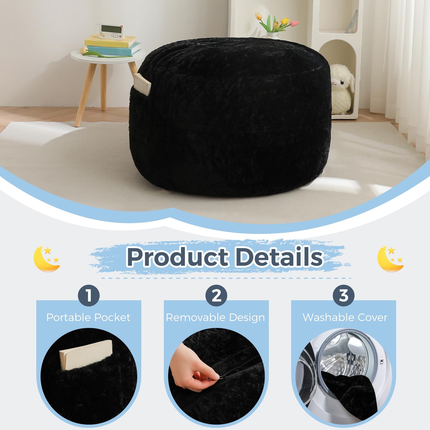 MAXYOYO Bean Bag Chair Bed for Kids, Convertible Bean Bag Folds from Lazy Chair to Floor Bed, Stuffed Floor Sofa Couch Sofa Bed for Boys and Girls, High-Density Foam Filling, Black