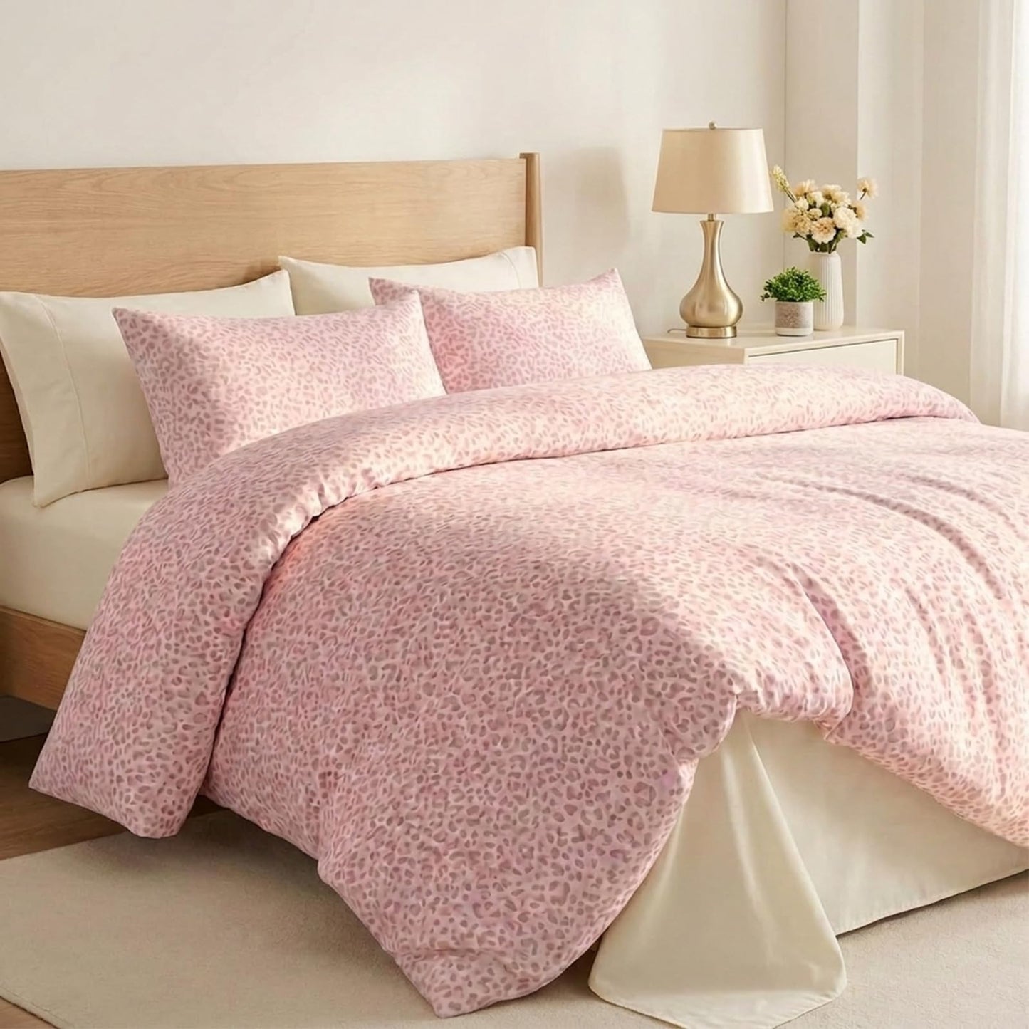 Cozaline 100% Cotton Duvet Cover Queen Size, Pink Leopard Print Bedding Set with Zipper Closure, African Wildlife Animal Skin Cheetah Print Comforter Cover with 2 Pillowcases for Women Men