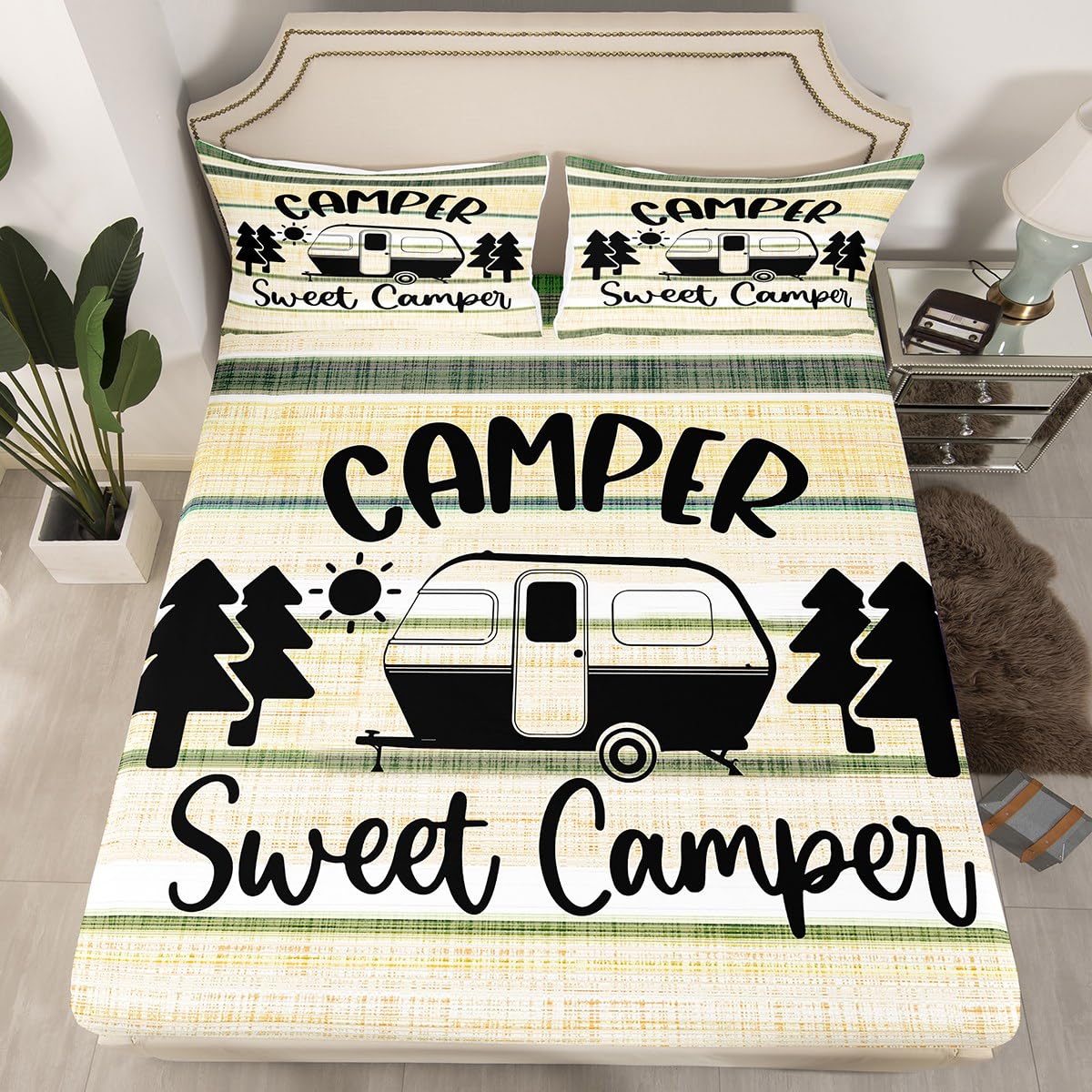 Feelyou Camper Sheet Set for Kids Boys Girls Sheets with Deep Pocket Fitted Sheet Happy Camping Bed Sheets Set Bedroom Decor RV Camping Camper Accessories for Travel Trailers Bedding Set Full 4Pcs