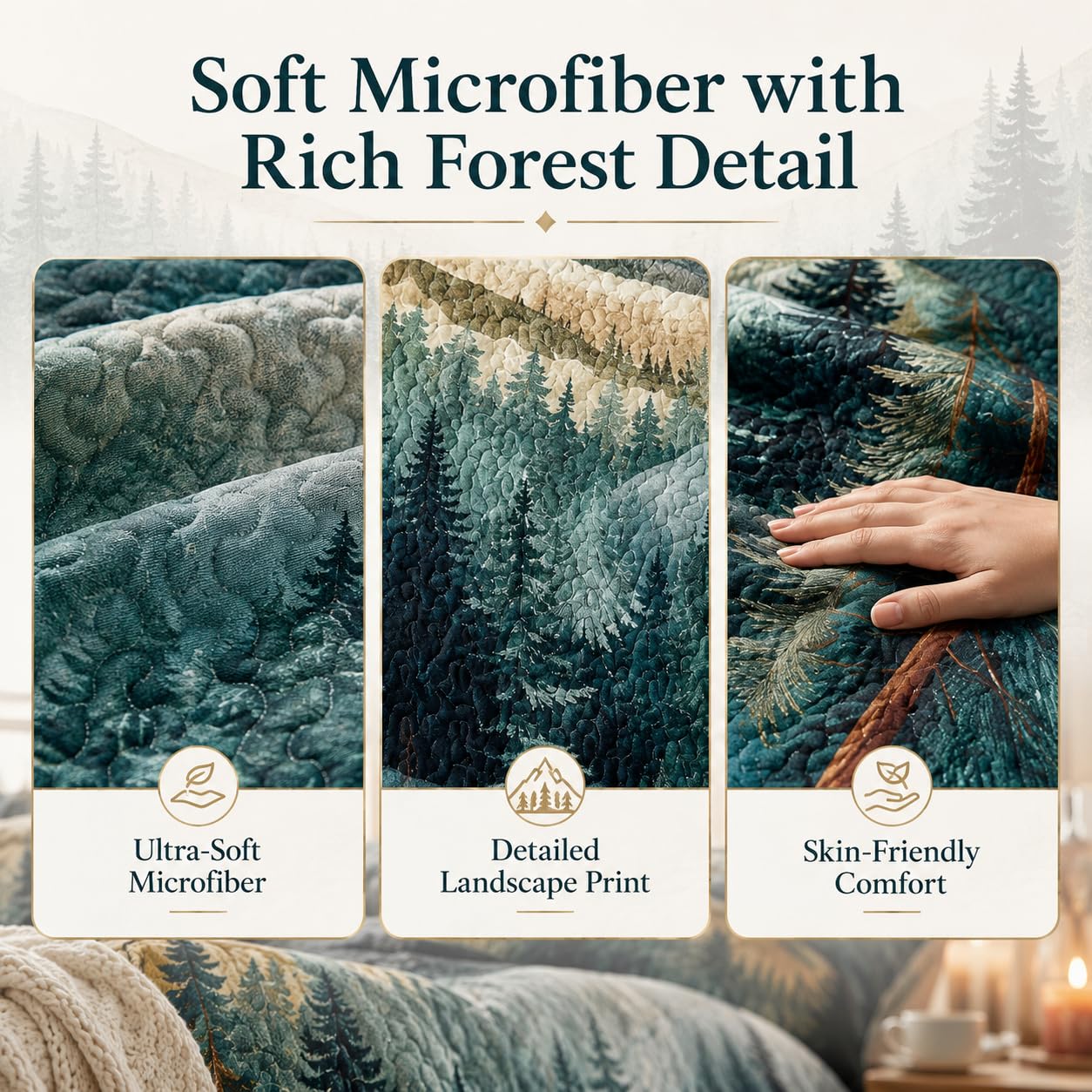 AILONEN King Bedspread Coverlet,Mountain Forest Pine Tree Textured Landscape Blue Green Bedding Quilt,2 Pillowcases,Lightweight Microfiber