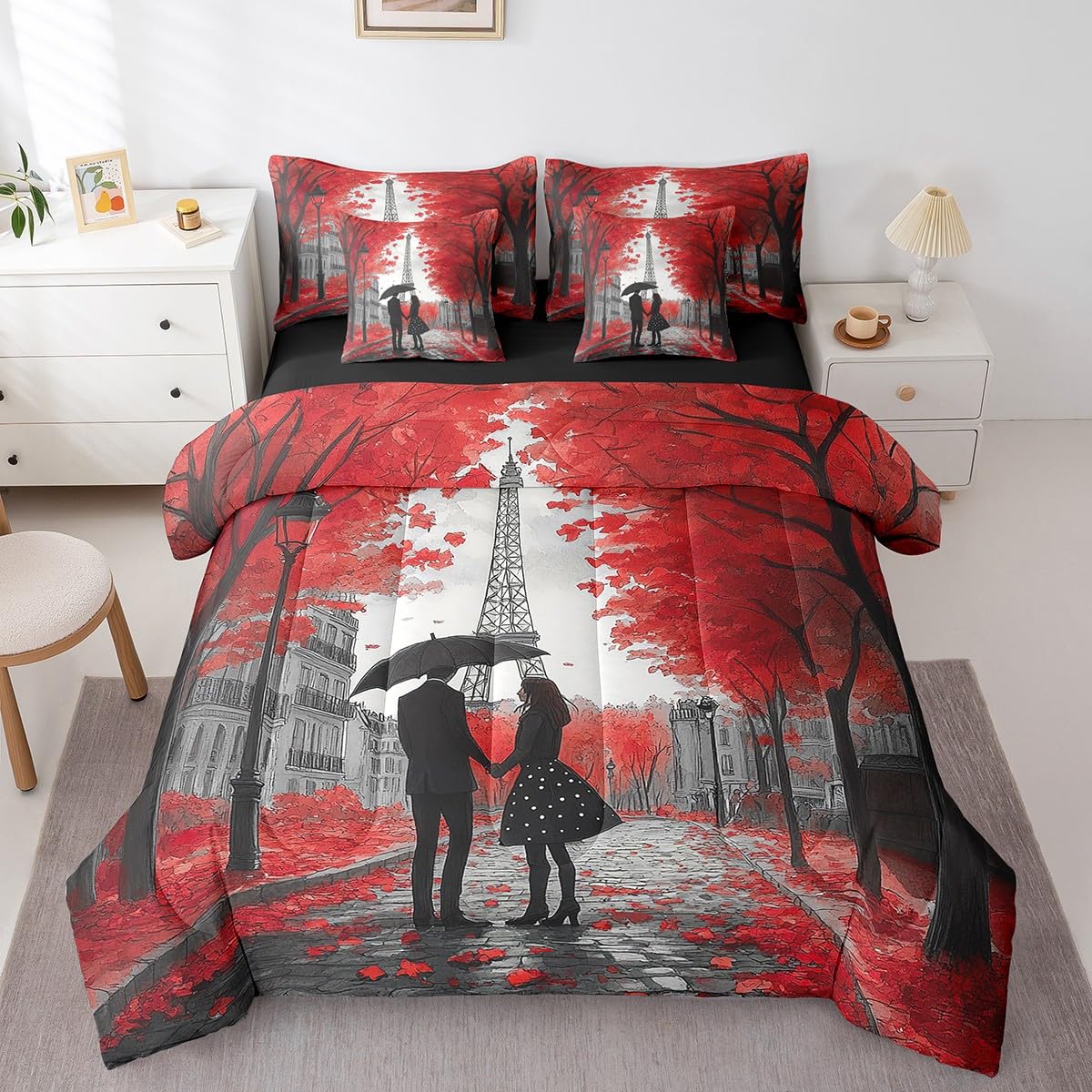 Erosebridal Romantic Valentine's Day Full 7 Piece Bedding Set for Adults Men Women Room Decor,Eiffel Towel Comforter Set France Paris Couple Bed in A Bag Maple Trees Leaves Sheet Set with Comforter