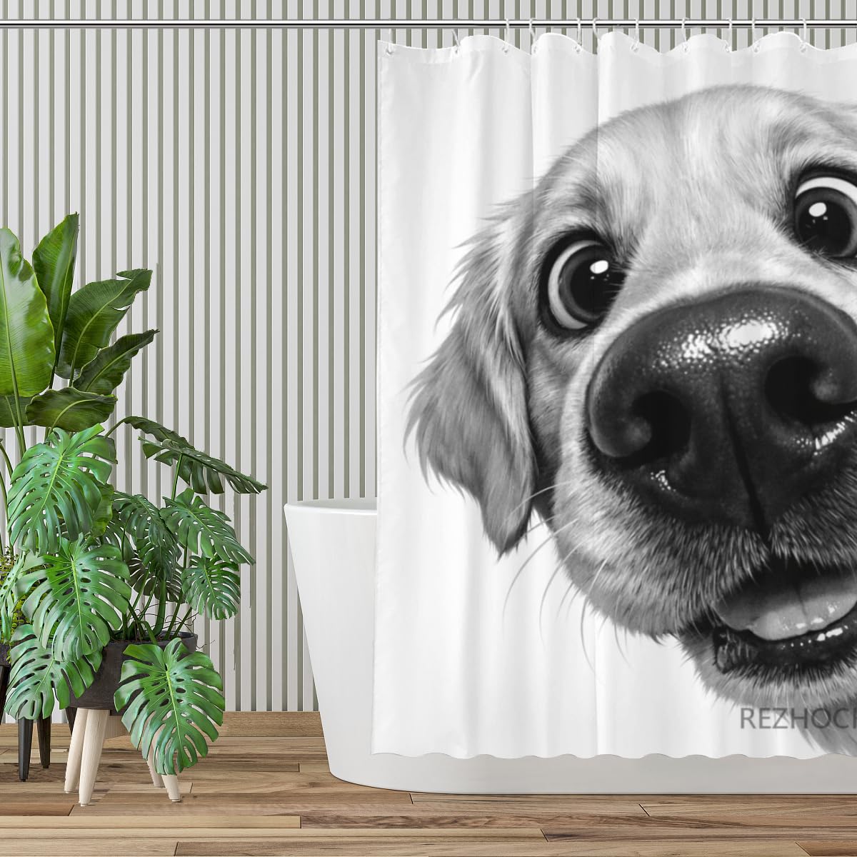REZHOCH Funny Black and White Golden Retriever Shower Curtain 72x72Inch,Cute Animal Bathroom Decor,Modern Minimalist Grey Art Waterproof Fabric Kids Adults Bath Curtain Set with Hooks