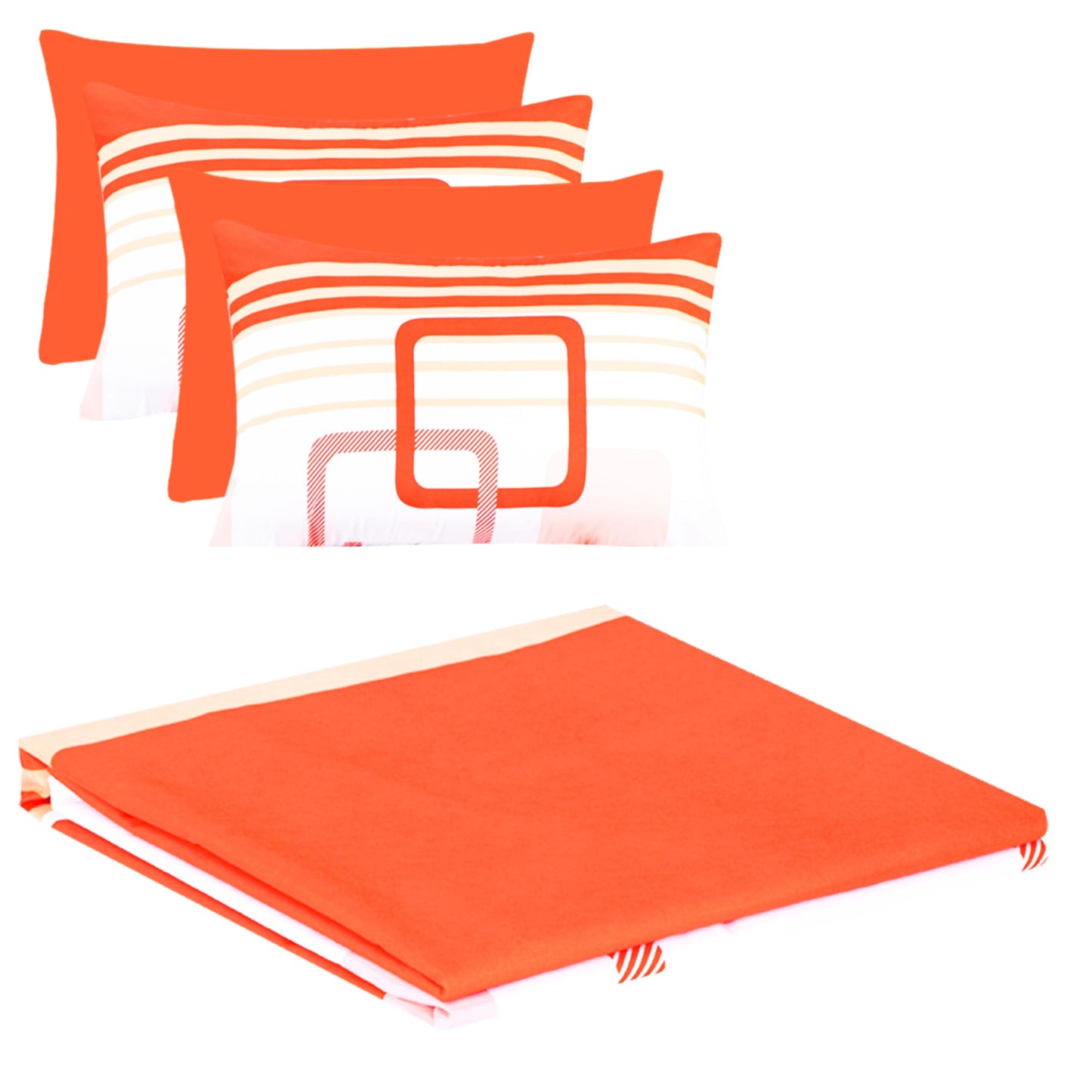 6Pcs Bed Sheet Set King Size, Orange White Geometric Soft Microfiber Bedding Sets with 1 Square Rectangle Patterned Sheet 1 Deep Pocket Fitted Sheet and 4 Pillowcases