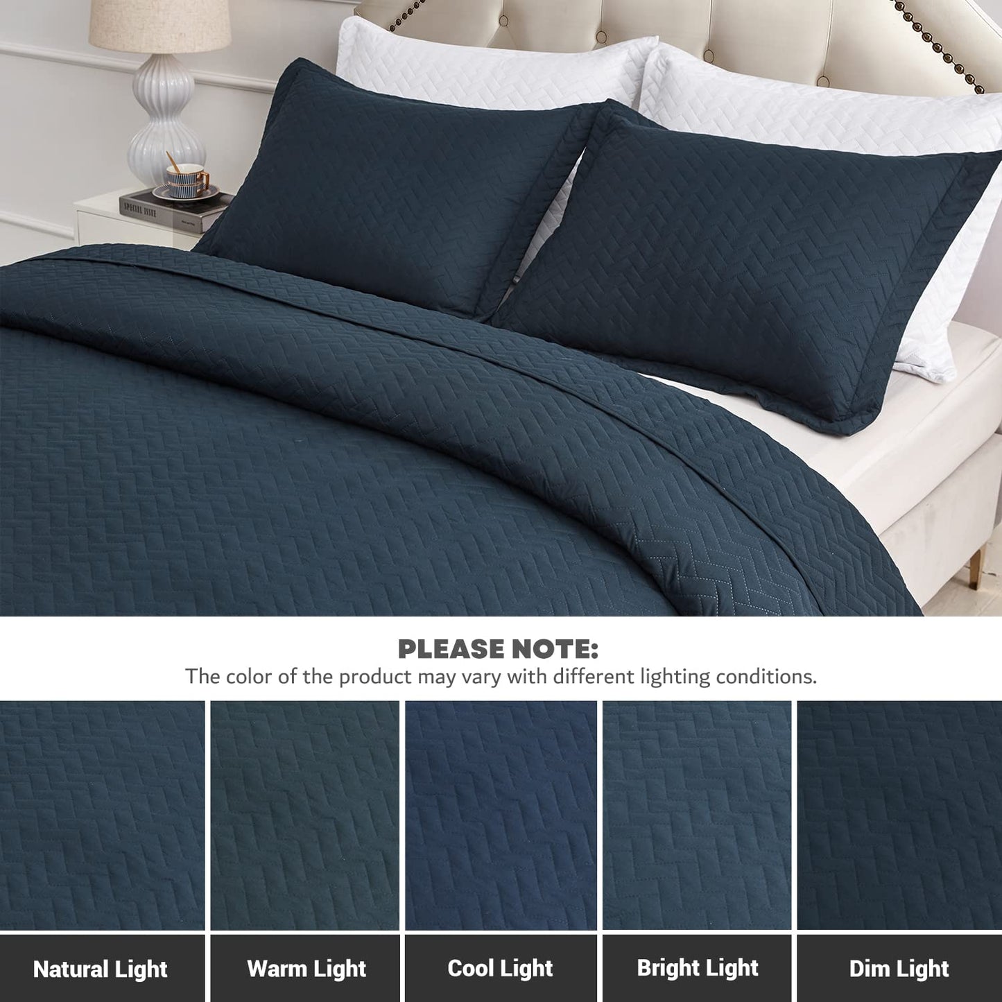 Maple&Stone Quilt Set Queen Size, Lightweight Navy Bedspread Ultrasonic Chevron Pattern Light Coverlet for All Season Comforter Bedding Decor - 3 Piece Full Bed Cover Sets