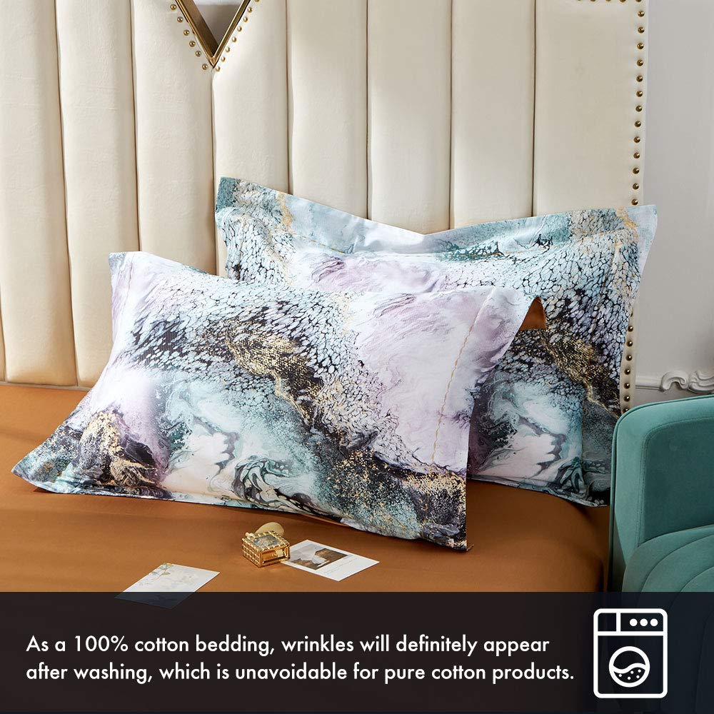 MILDLY 100% Long Staple Cotton Duvet Cover Set Green Golden Grey Mixed Marbling Pattern Printed Comforter Cover Set