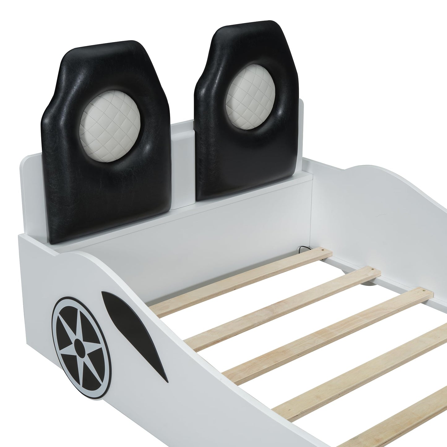 Bellemave Wood Twin Size Race Car-Shaped Platform Bed with LED and Upholstered Backrest, Platform Bed Frame with Race Car-Shaped and Safety Guardrails for Boys, Girls (White)