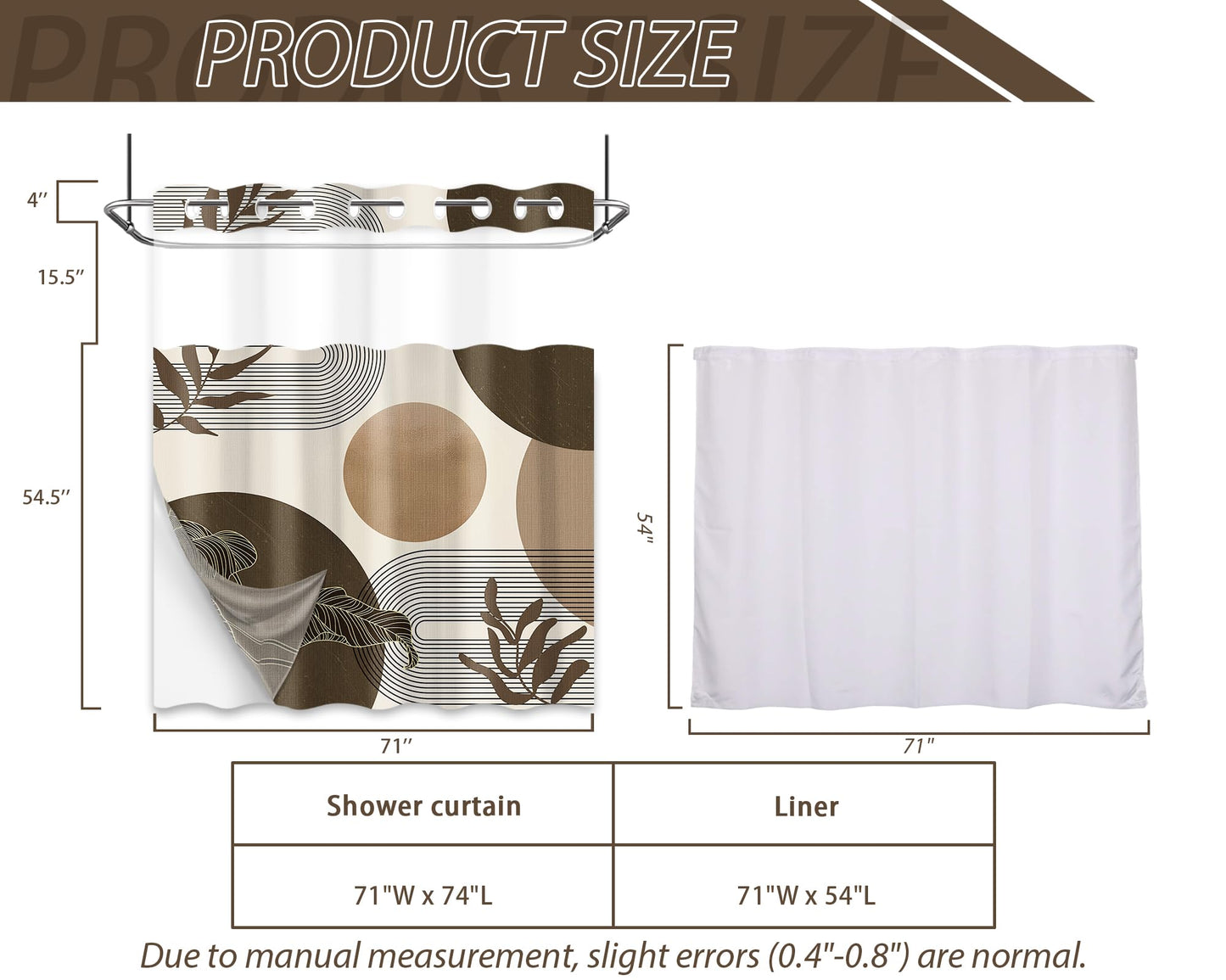 Hookless Shower Curtain with Snap-in Liner, Brown and Beige, 71" W x 74" L