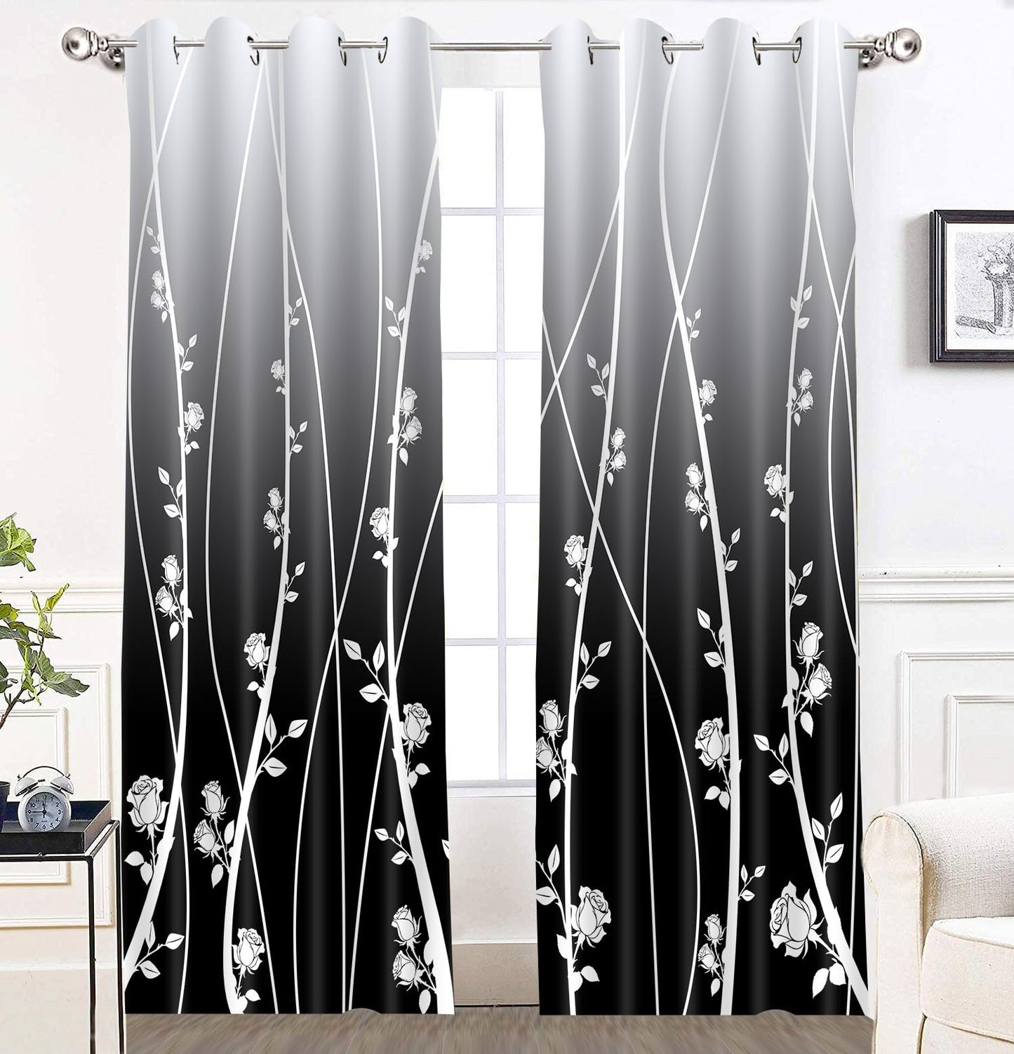 LshyMn Gradient Blackout Curtain 52x84 Inches Modern Farmhouse Floral Rose Pattern Printed Curtains for Living Room Bedroom Office Window Decoration（Black） CLLSMN315
